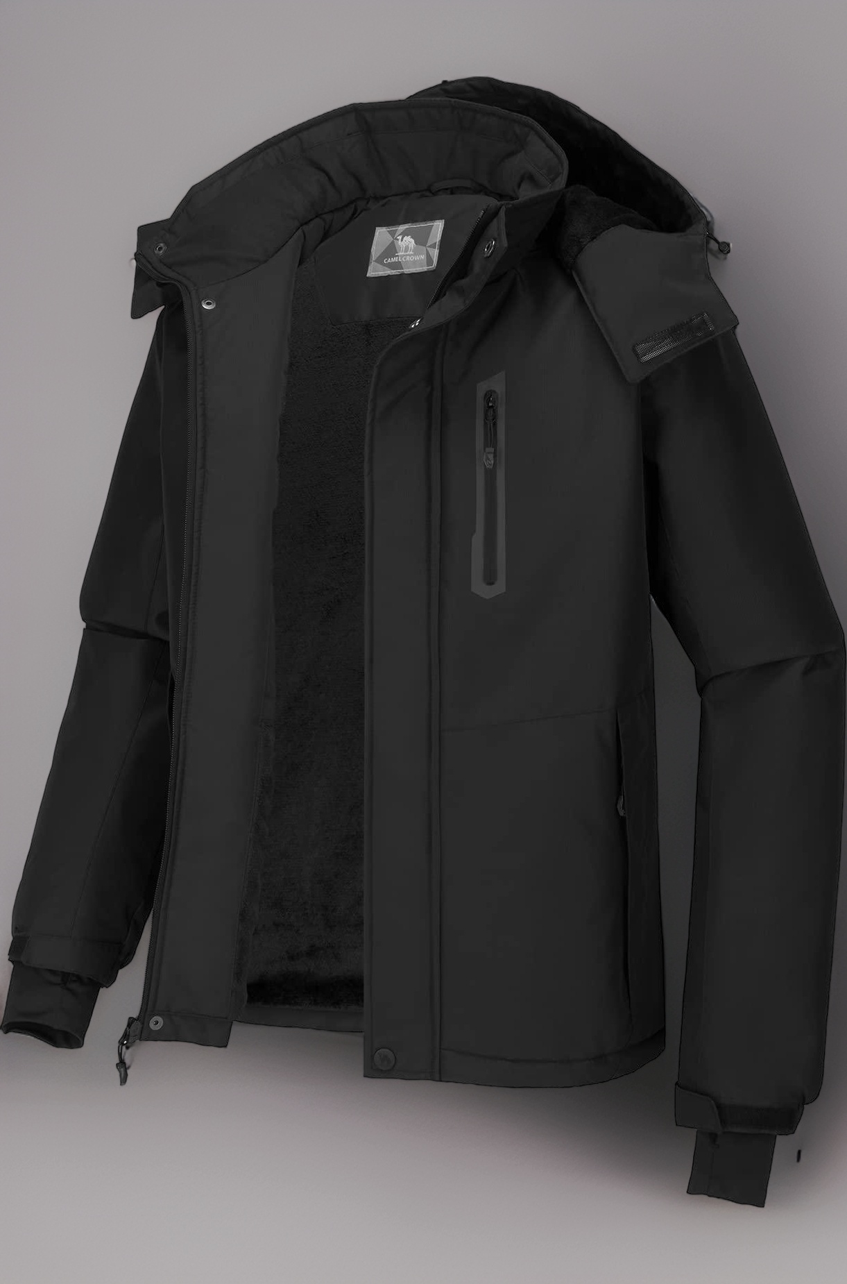 CAMEL CROWN Men's Mountain Snow Waterproof Ski Jacket Detachable Hood Windproof Fleece Parka Rain Jacket Winter Coat, Black, Small