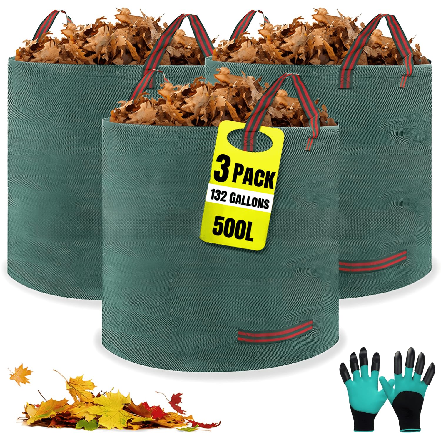 3 x 500L sacs de jardin, sacs à déchets de jardin gants inclus, 4 poignées, autonome, imperméable, sac à feuilles durable et résistant à la corrosion, adapté aux déchets de jardin (3x500L)