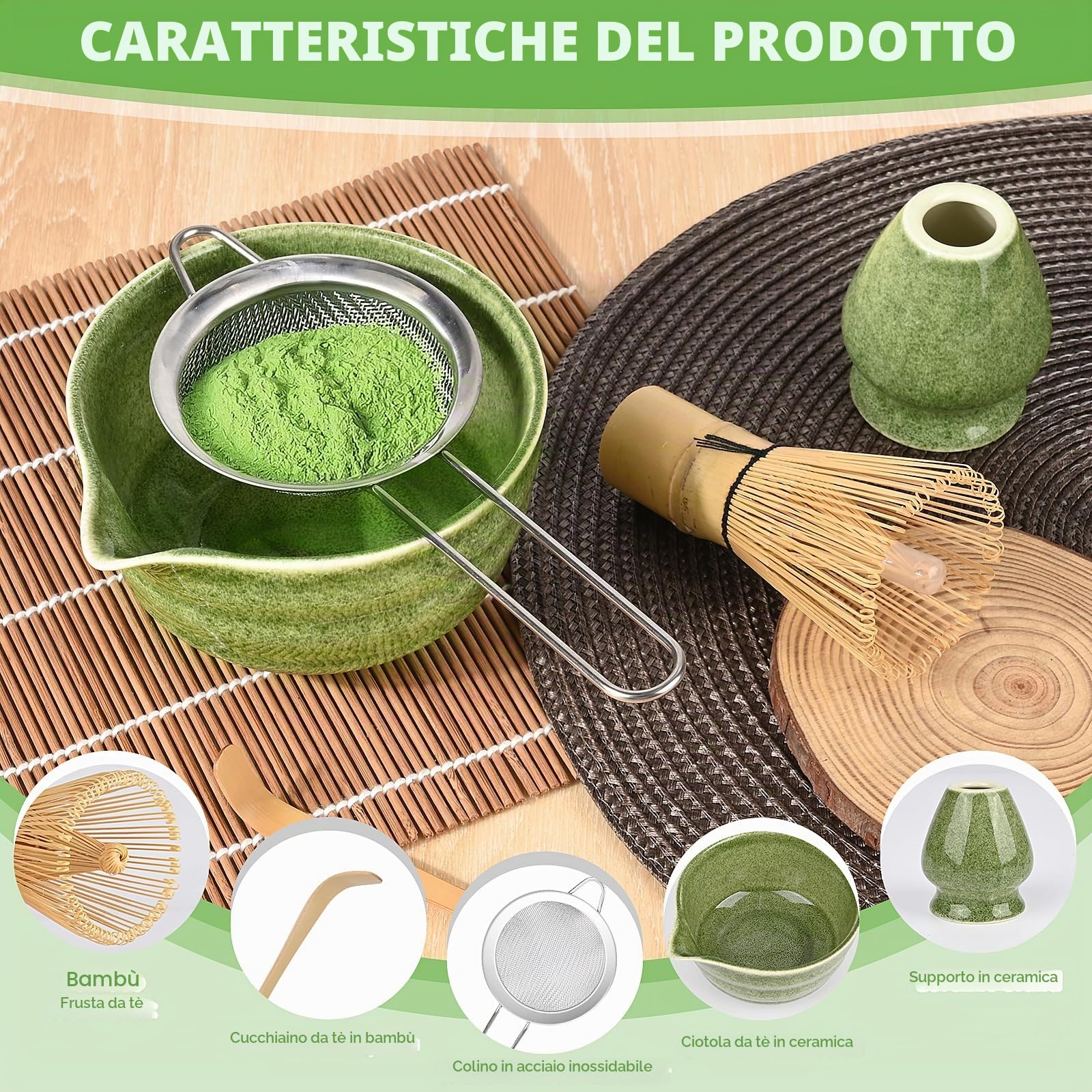 5 Pezzi Matcha Kit, set da tè Matcha, elegante set di Frusta Matcha, Ciotola Matcha, Supporto Chasen, Cucchiaio di Matcha, Setaccio Di Matcha, per La Casa, l'Ufficio e la Sala da Tè (D)