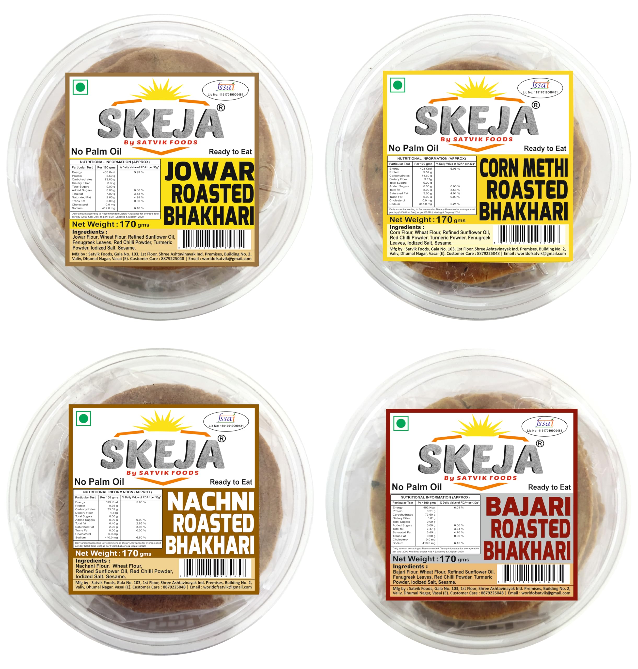 SKEJA By Satvik Foods Corn-Methi Jowar Bajra Nachini Roasted Bhakhari| Bhakri Snacks | Bhakhri 180 Gram (Pack of 4) (Combo 4)