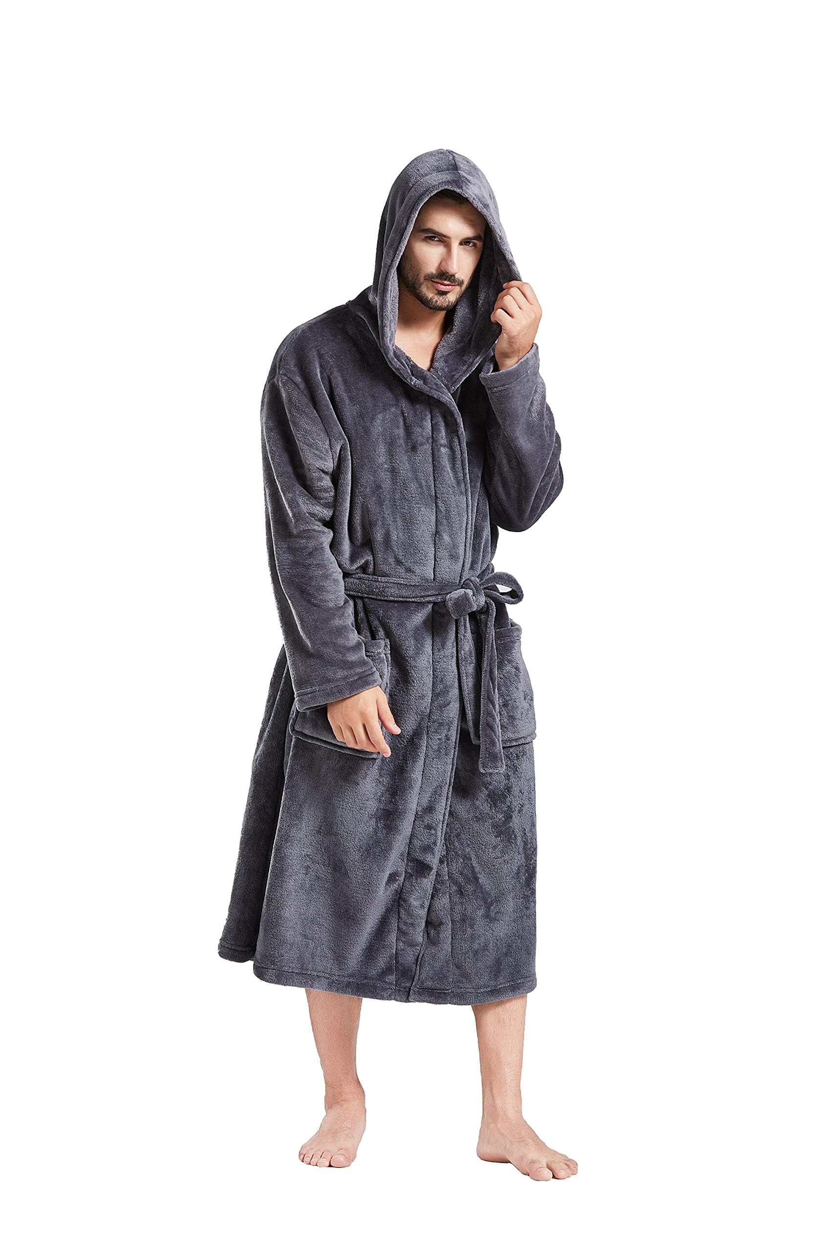 Mens Hooded Robe Plush Shawl Collar Kimono Bathrobe Soft Warm Flannel Fleece Spa Robes House Coat Pajamas