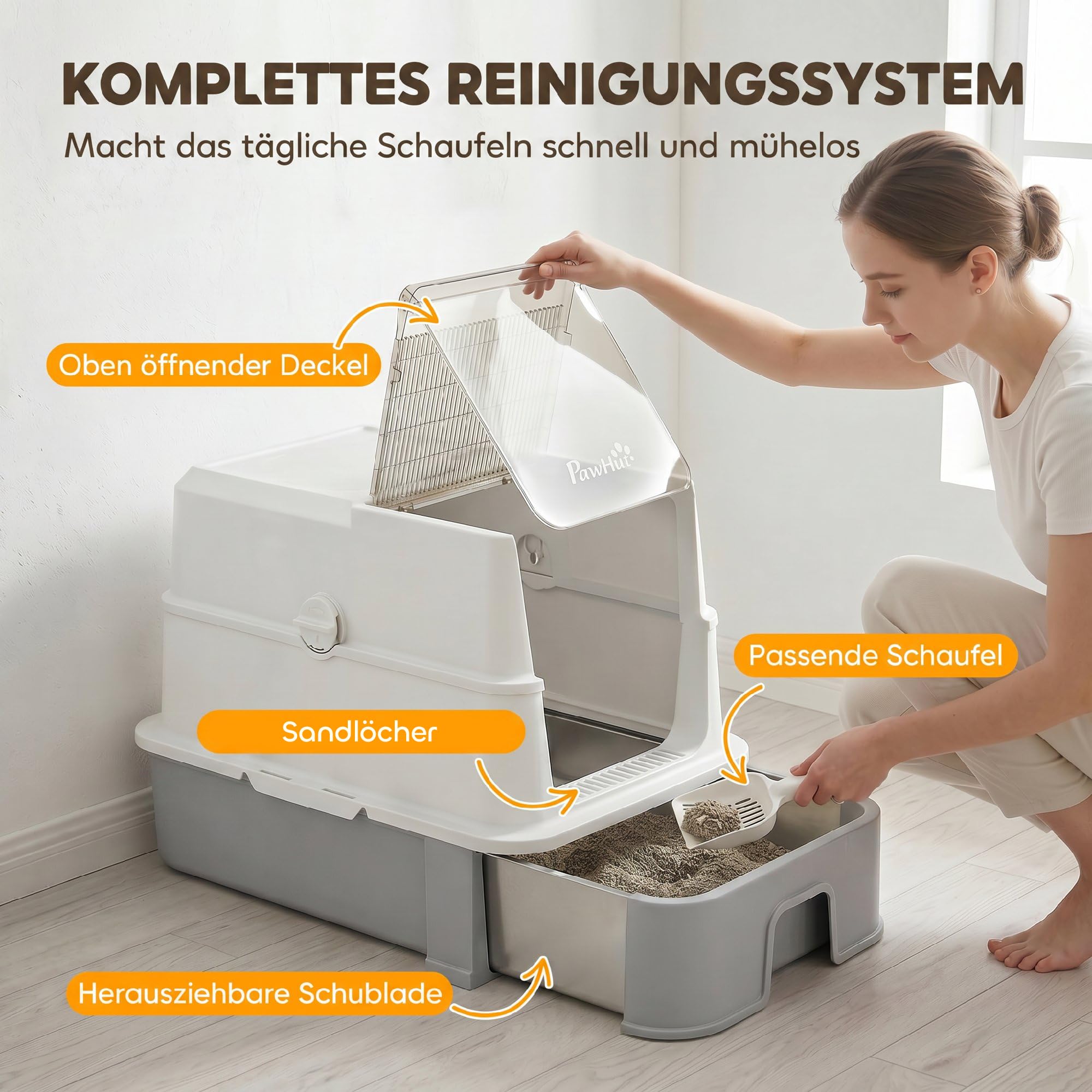 PawHut Katzentoilette aus Edelstahl mit Deckel Herausziehbare Wanne Grau