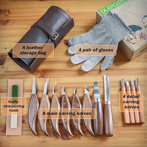 Miniatura 2 de Olerqzer Kit de tallado de madera 26 en 1 con detalle cuchillo de tallado de madera, cuchillo de cortar, cuchillo de cincel de madera, guantes