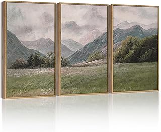 SHENIFY Vintage Framed Wall Art Prairie and Mountain Landscape Painting Retro Meadow Scenery Farmhouse Kitchen Living Room Decor - 12x16in3pcs Natural Framed