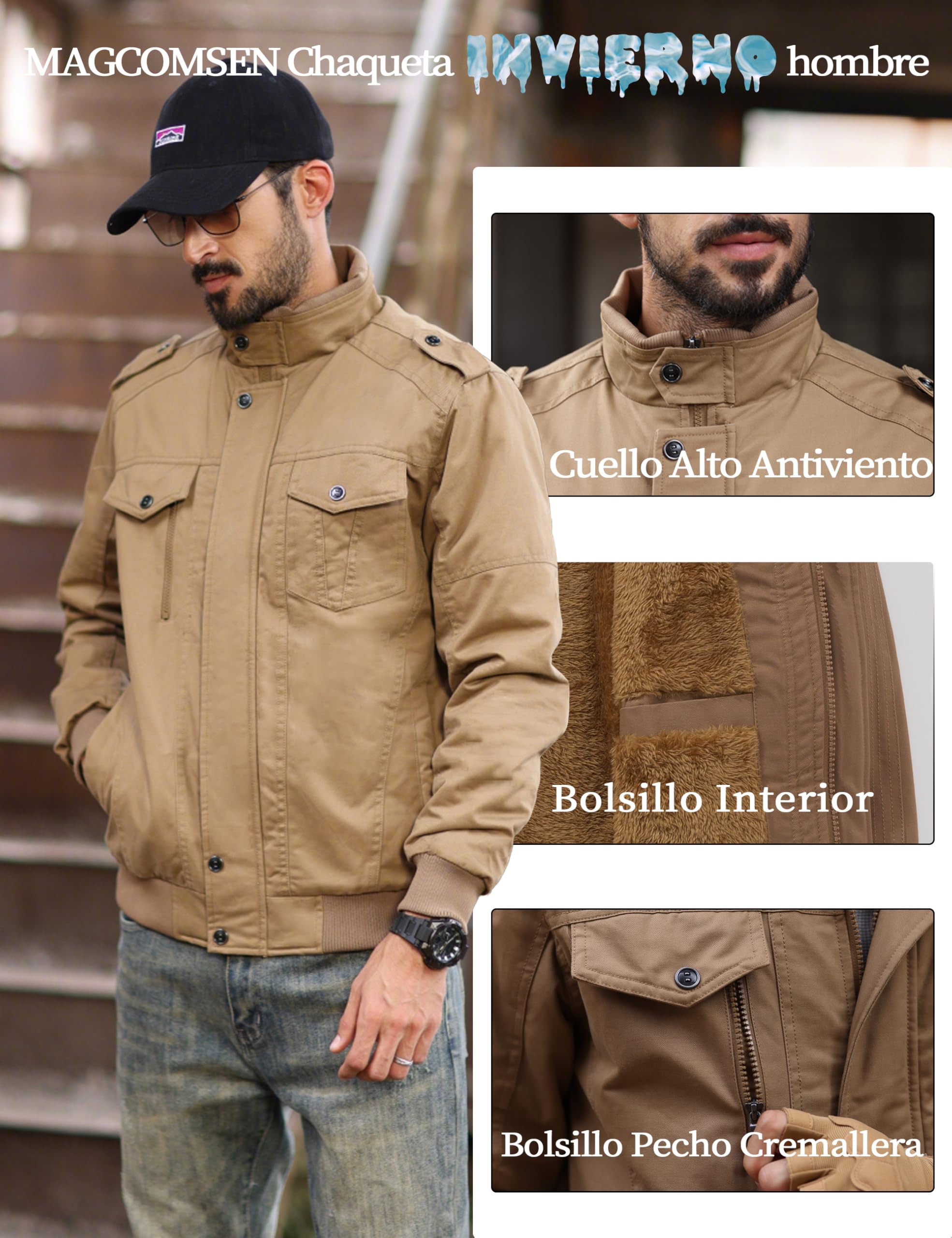 MAGCOMSEN Chaqueta de invierno para hombre forro polar cálido estilo cargo casual de entretiempomilitar