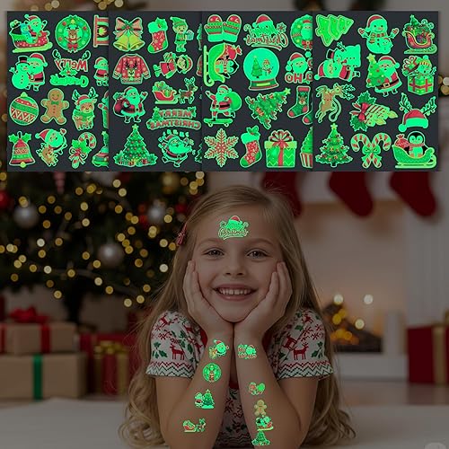 Luminous Christmas Temporary Tattoos for Kids - 53PCS Christmas Glow in The Dark Tattoos Stickers for Boys and Girls,Christmas Party Favors, Supplies, Decorations for Kids Stocking Stuffers and Gifts(Christmas Glow in the Dark)