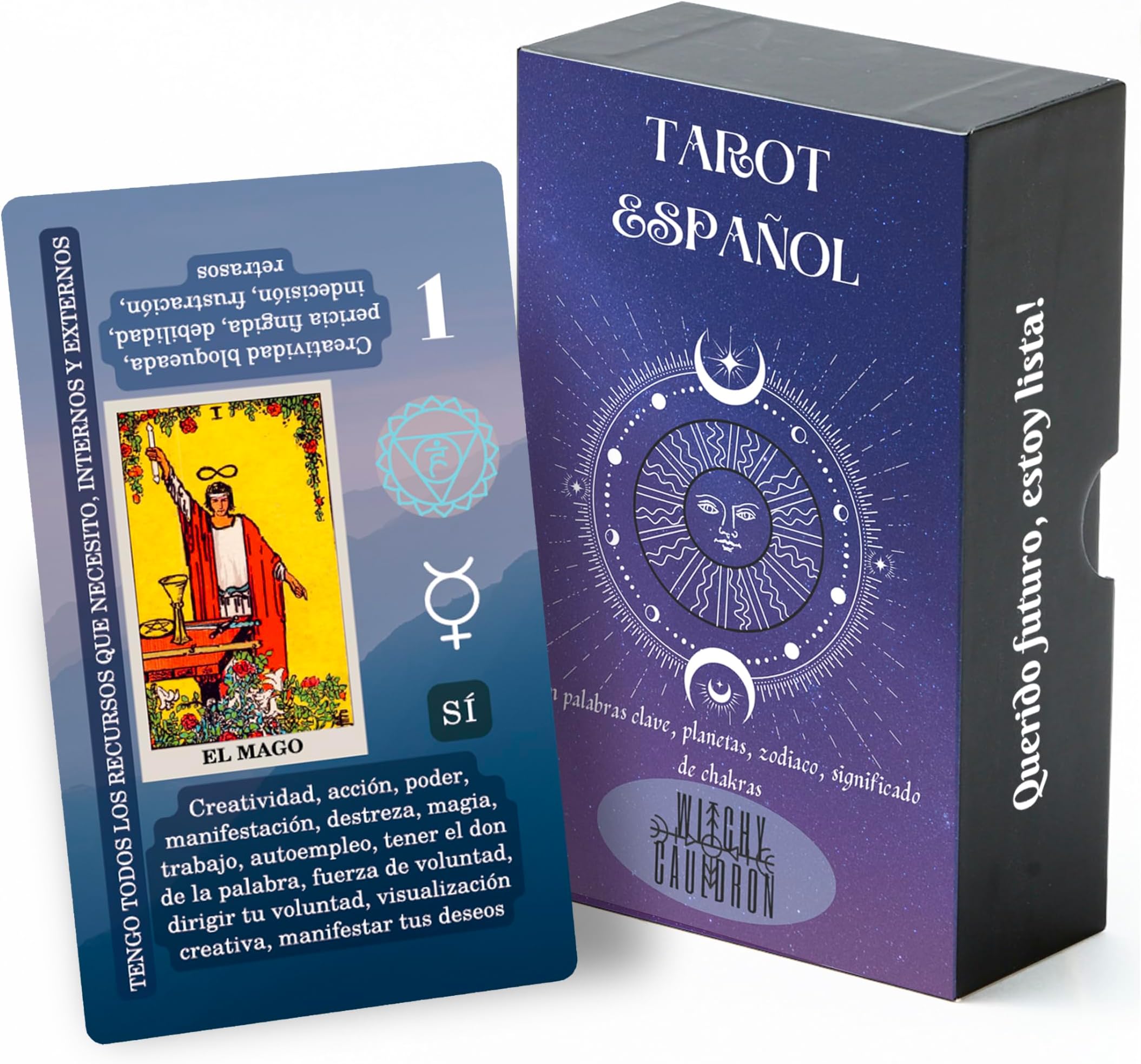Witchy Cauldron Spanish Learning Tarot Card for Beginners with Meanings on Them - Training Beginner Tarot for Tarot Learners Including Chakra, Planet, Zodiac, Element, Yes or No.