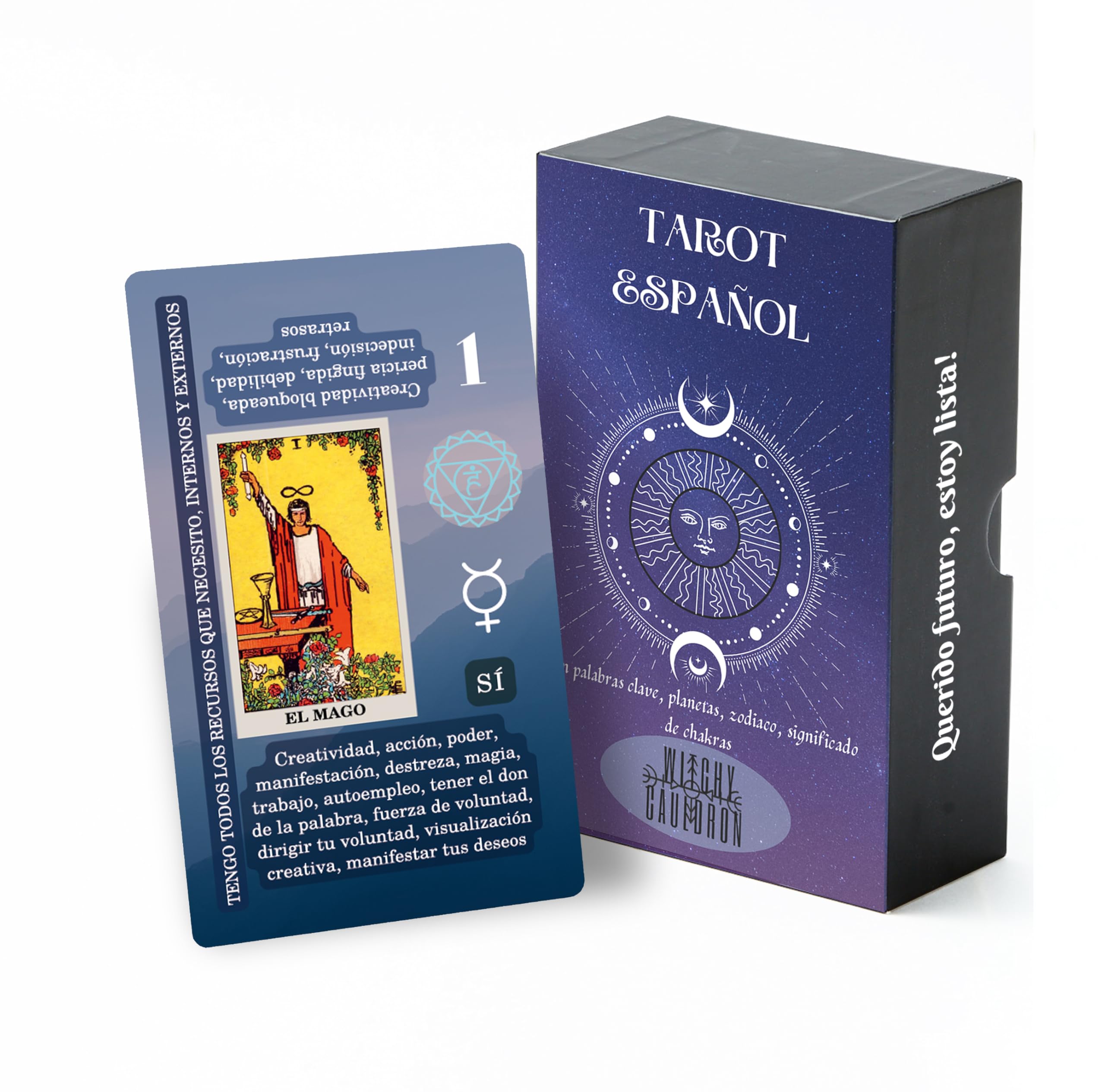 Witchy Cauldron Spanish Learning Tarot Card for Beginners with Meanings on Them - Training Beginner Tarot for Tarot Learners Including Chakra, Planet, Zodiac, Element, Yes or No.