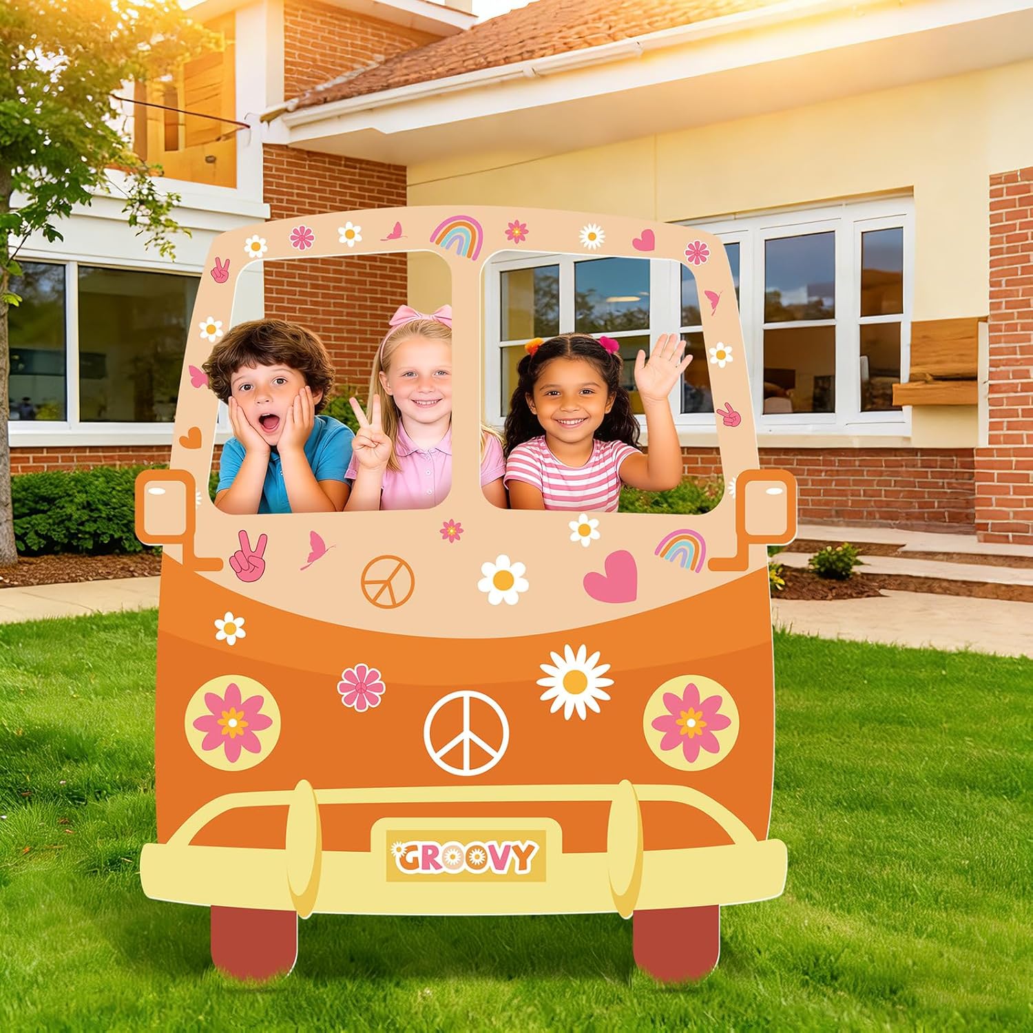 Hippie Bus Cardboard Cutout, Large 39.76 x 47.24 in Groovy Party Decoration, Retro 60s 70s Hippie Selfie Frame Photo Booth Prop, Daisy Van Life-Size Backdrop for Groovy Hippie Boho Party Favor
