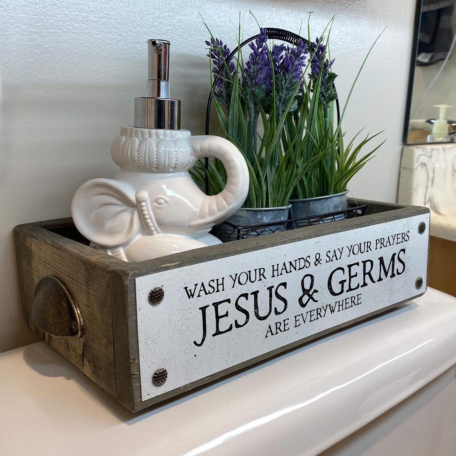 ANVEVO Wash Your Hands and Say Your Prayers Jesus and Germs are Everywhere – Bathroom Box – Cute & Funny Rustic Farmhouse Bathroom Decor - Toilet Paper Holder - Wood Boxes with Sayings – Diaper Caddy