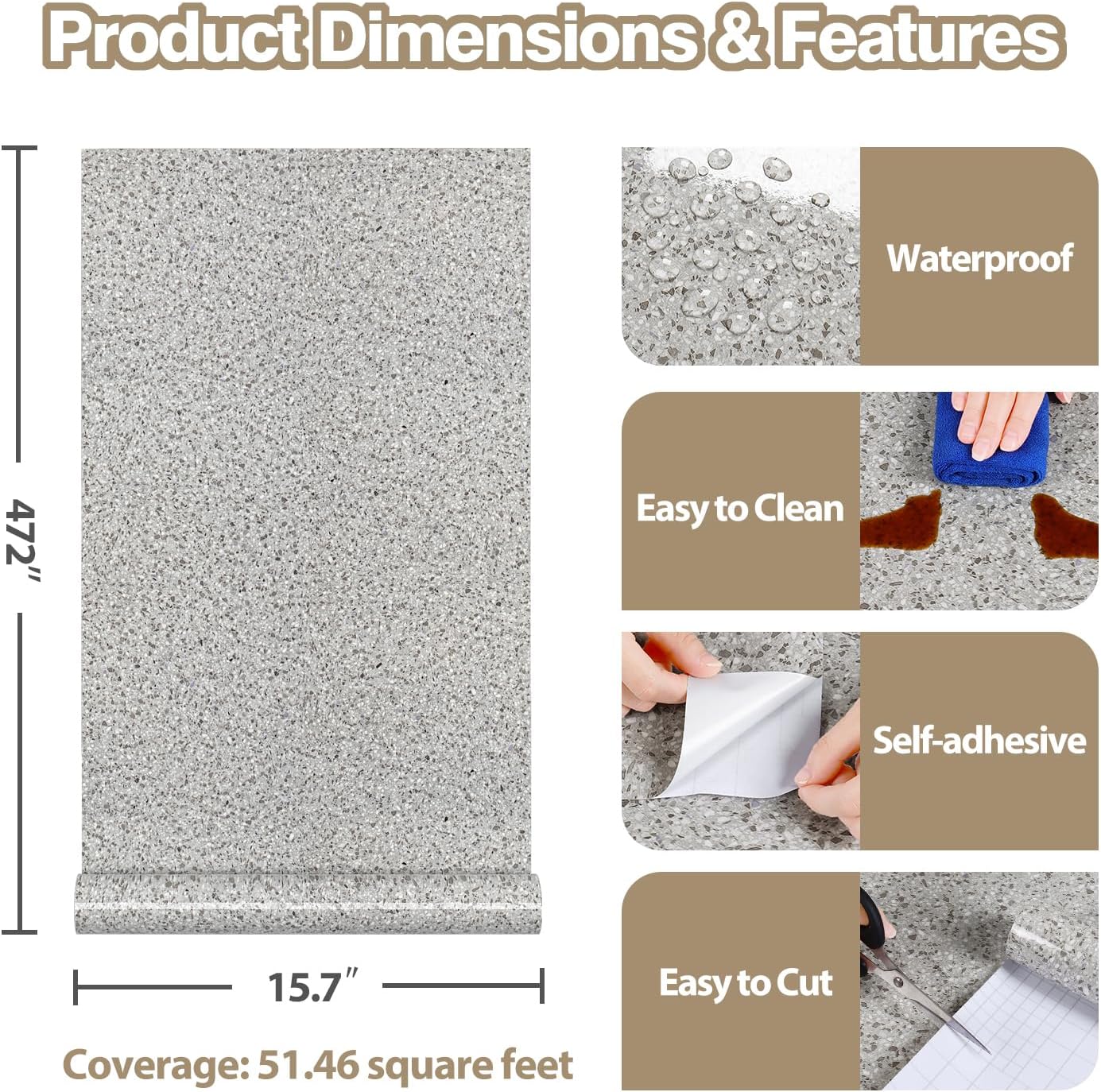 Glossy Grey Granite Countertop Peel and Stick Marble Contact Paper Waterproof Removable Terrazzo Contact Paper for Countertops Kitchen Vinyl Wrap 15.7"x472" Grey Wallpaper for Bathroom Table