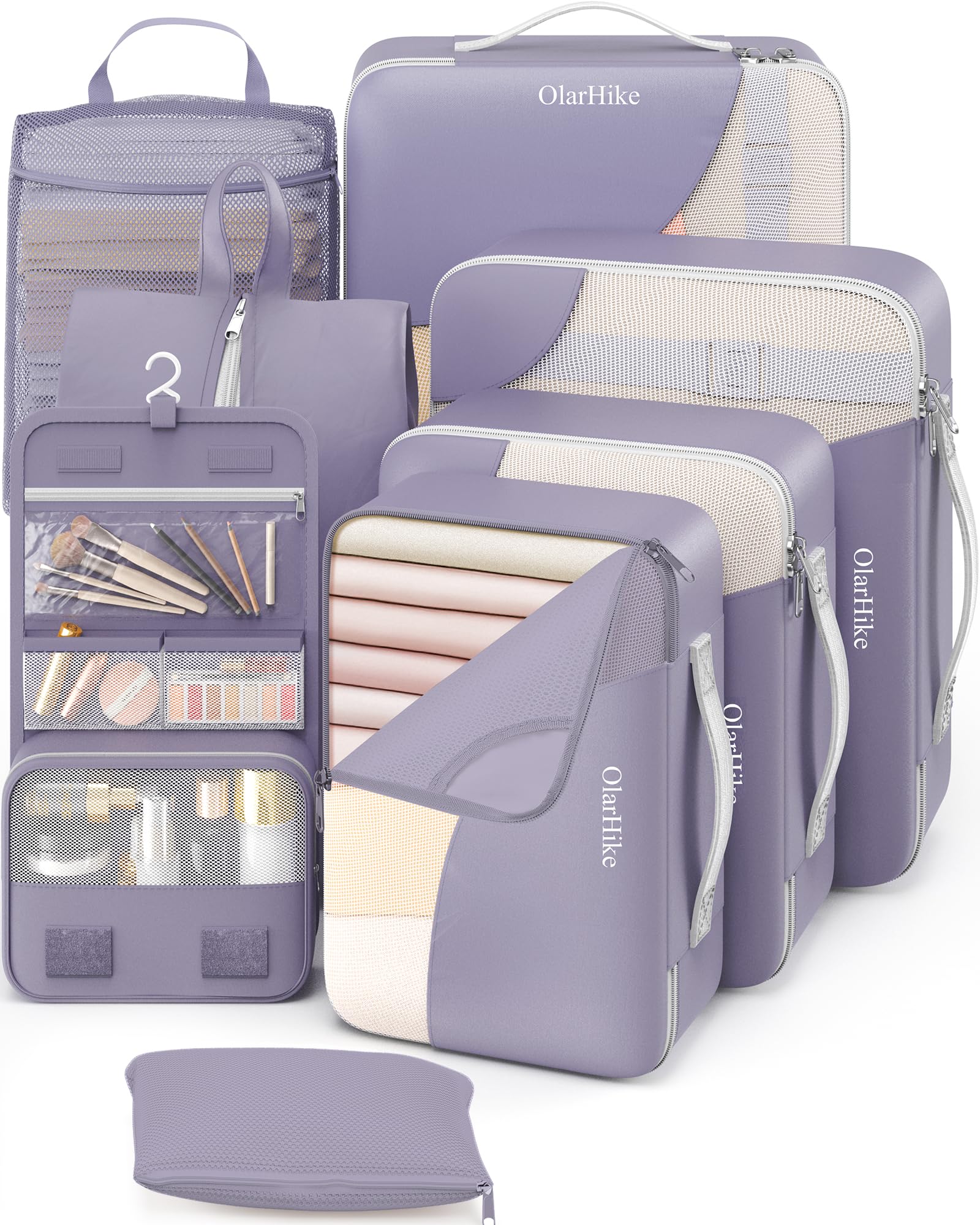 OlarHike Packing Cubes for Travel,Gifts for Women Mom,Anti-Tearing Suitcase Organizer for Luggage with Shoe &amp; Hanging Toiletry Bag,Vacation Essentials &amp; Accessories for Cruise Ship,8 Set,Purple Gray