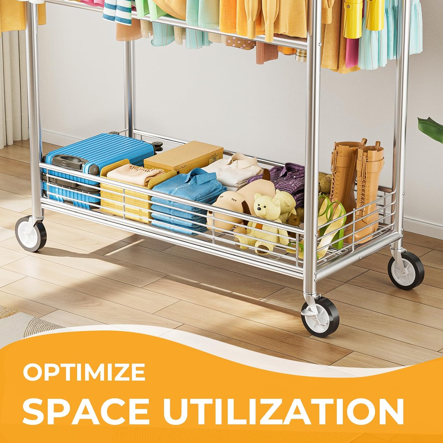 Heavy Duty Clothes Rack Load 960LBS, Three Rods Rolling Clothing Racks for Hanging Clothes, Rolling Garment Rack With Sturdy Wheels Shelves Hooks, Portable & Adjustable Commercial Garment Rack, Silver