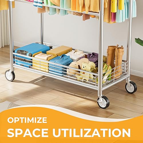 Miniatura 4 de Perchero resistente con carga de 960 libras, tres barras de ropa rodantes para colgar ropa, perchero rodante con ruedas resistentes, estantes