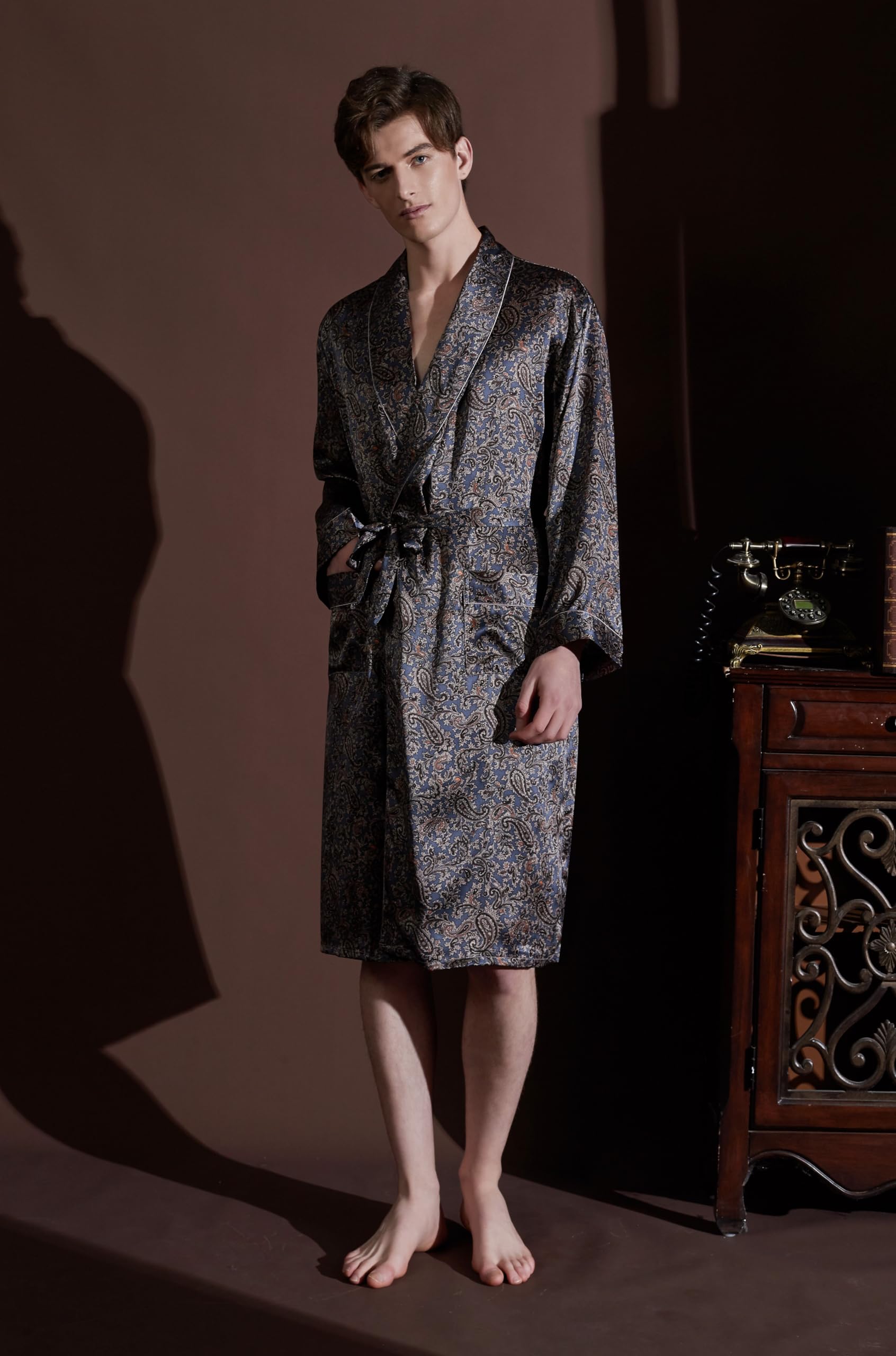Męski szlafrok w 100% z jedwabiu morwowego kimono szlafrok kąpielowy z nadrukiem paisley, ciężki jedwab 19 Momme szlafrok