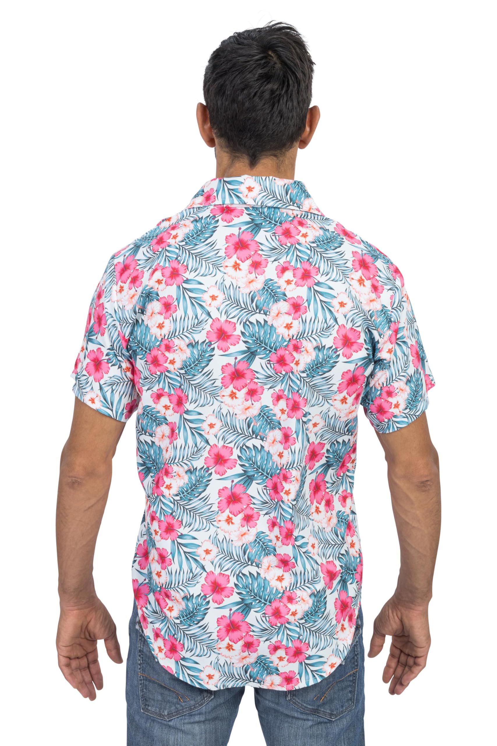 Chaks - Camicia hawaiana da uomo con motivo ibisco in rosa brillante, camicia estiva a maniche corte per feste, festival, vacanze e moda mare