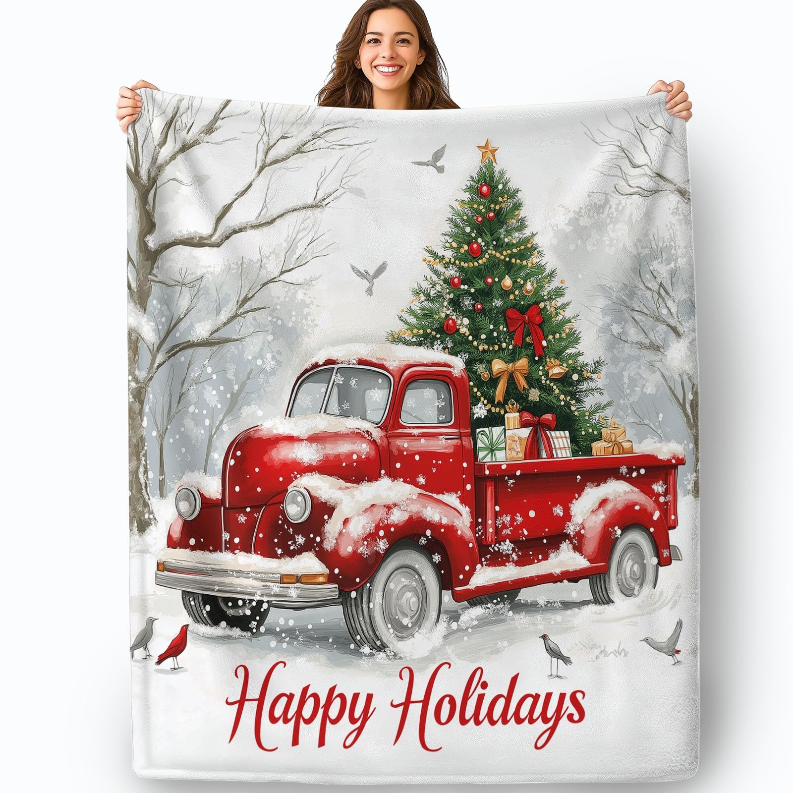 Manta de Franela Polar, Suave y cálida, con Estampado Navidad Camión Retro Manta de Viaje para Dormitorio Sala de Estar Oficina 200 x 220 cm, Blanco