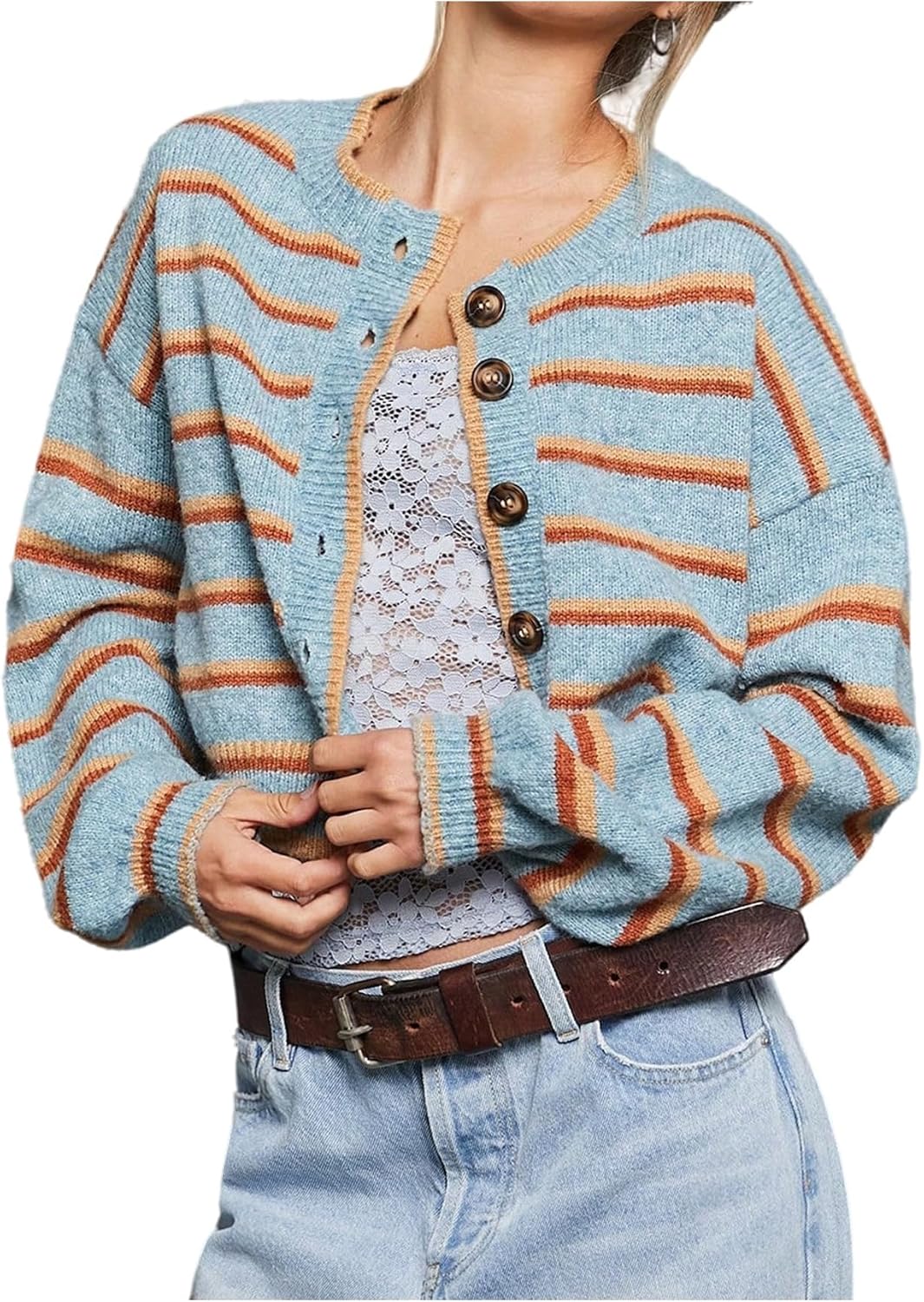 GORGLITTER Women's Striped Button Up Cardigan Sweaters Long Sleeve Fall Cropped Cardigans