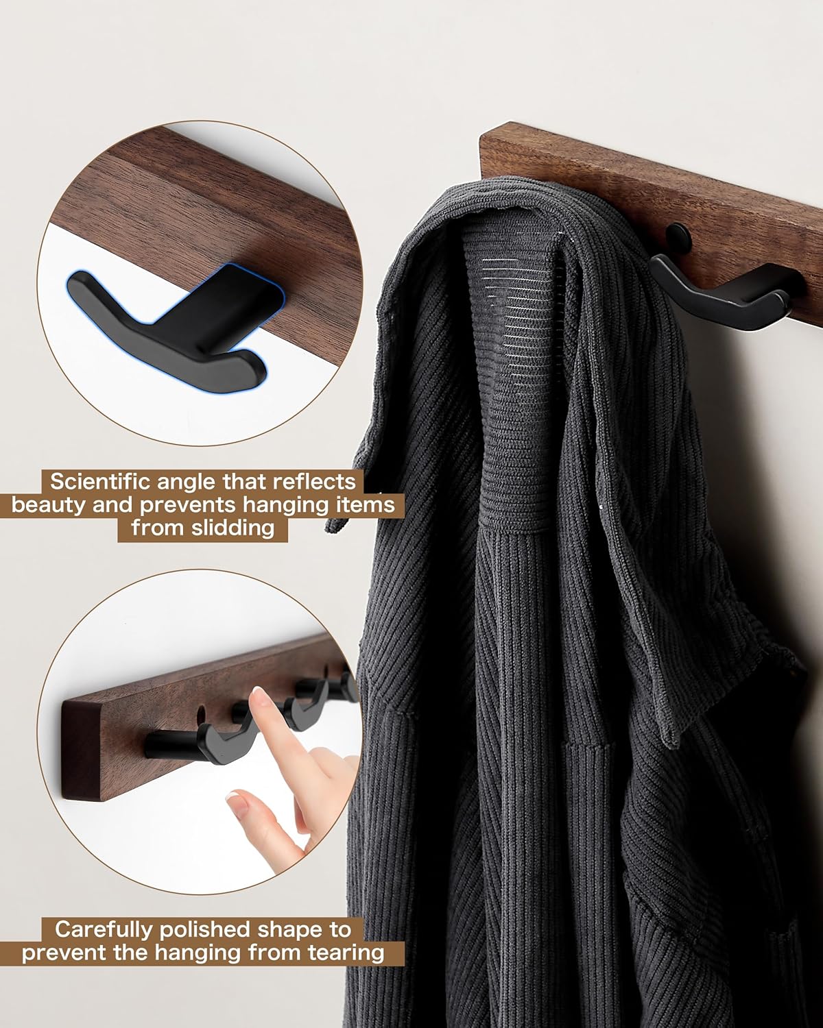 Coat Rack Wall Mount Coat Hooks Coat Hanger with 4 Metal Black Double - Hooks Black Walnut Wood Plank，Farmhouse Coat Hanger Wall Mount for Hanging Backpack Jacket Coat Hat (1 Item-4 Hooks)
