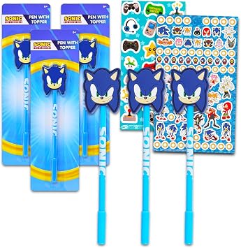 Sonic The Hedgehog Pens Set - Bundle with 3 Sonic Pens with Sonic Head Topper, Stickers, and More | Sonic Office Supplies