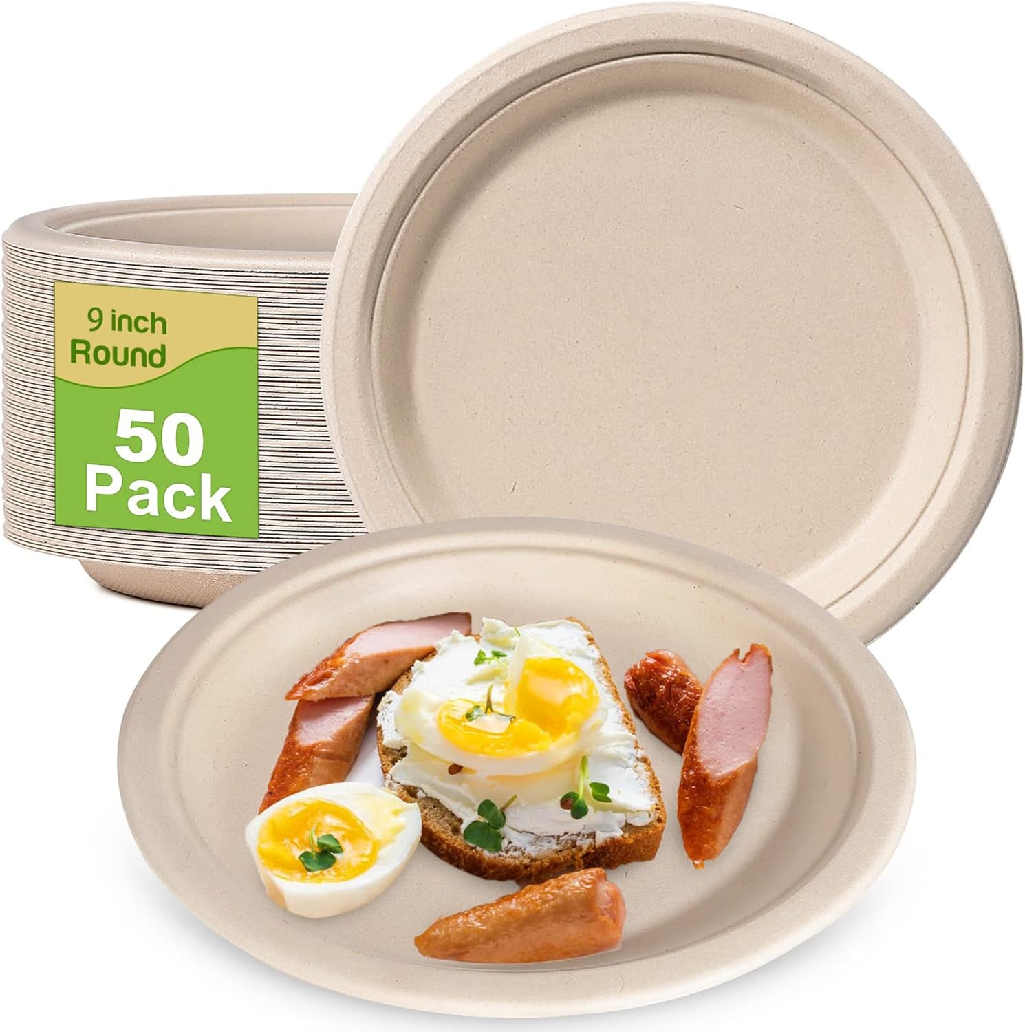 DHAEY Compostable Plates Disposable Paper Plates 50pcs Heavy Duty Biodegradable Plates Compostable Bagasse Clamshell Eco Friendly Sustainable Natural color 9 inch plate for Party Picnic Camping