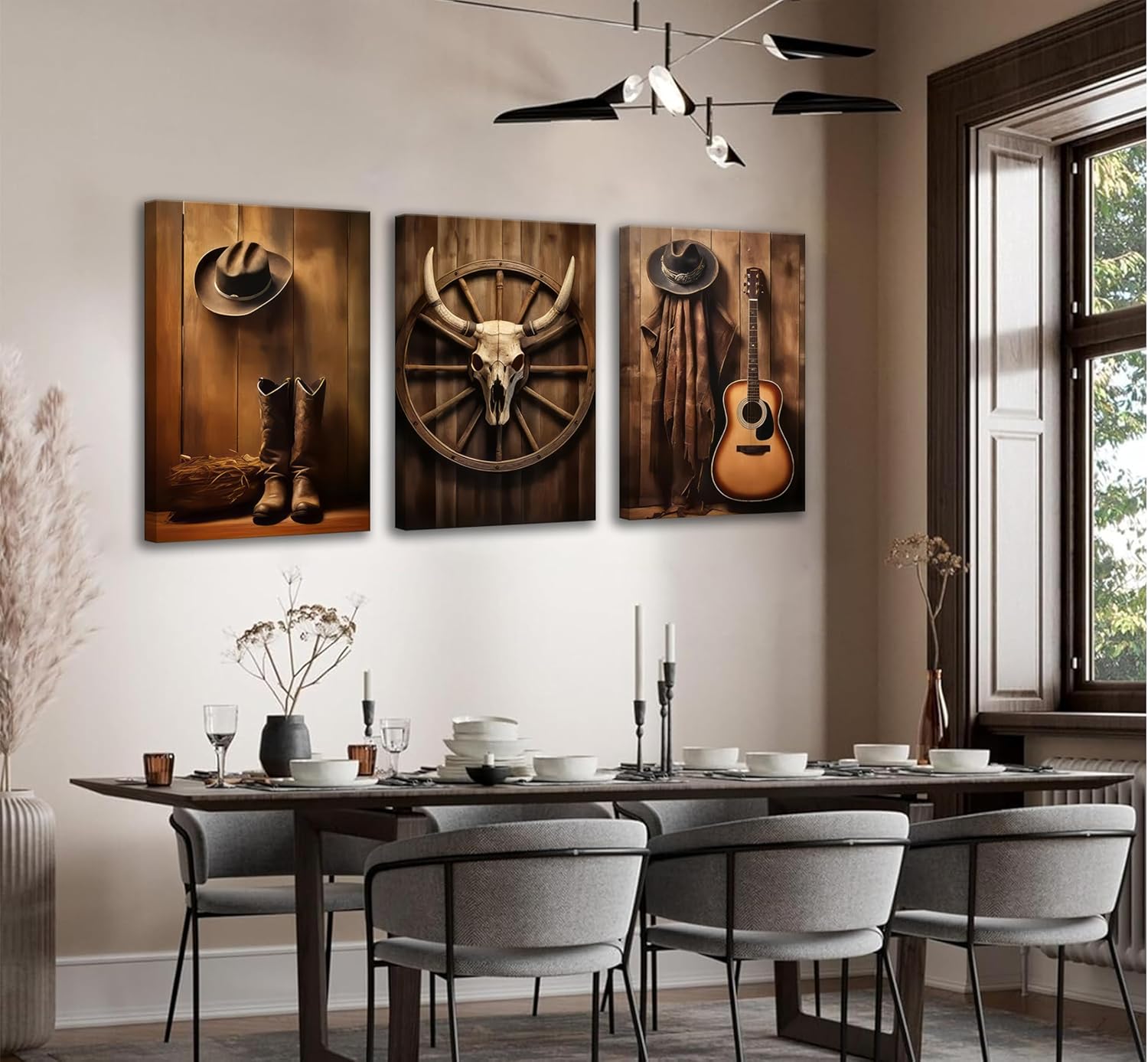 3pcs Vintage Western Cowboy Canvas Wall Art Cow Skull Cowboy Hat Boots Guitar Wooden Wheel Paintings Pictures Wall Decor Country Modern Posters Prints Artwork for Home Office Bedroom Home Decoration