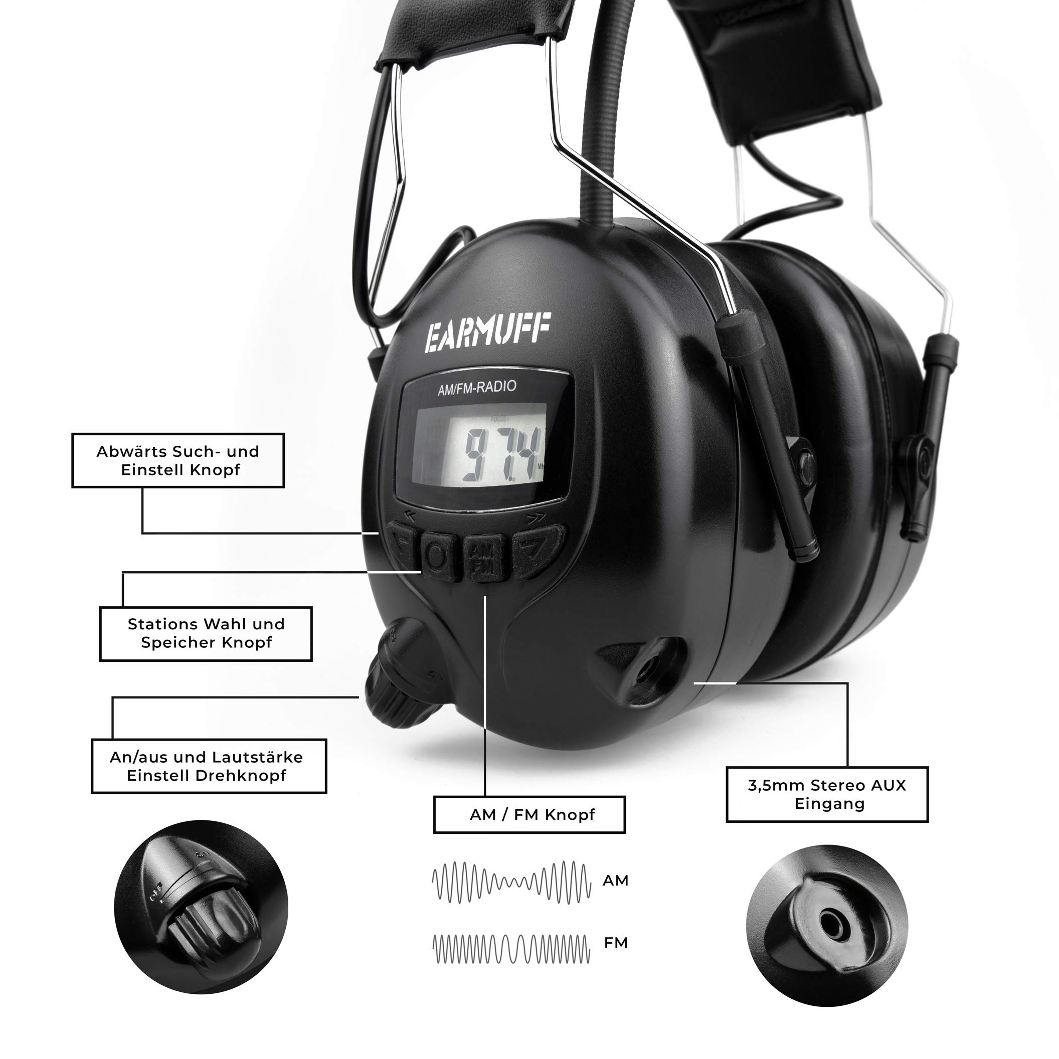 EARMUFF Gehörschutz mit AM/FM Radio, AUX Anschluss & 31 dB Dämmung | Radio hören & Musik vom Handy abspielen | elektronischer Ohrenschutz für Erwachsene | Schallschutz für Baustellen & Gartenarbeit