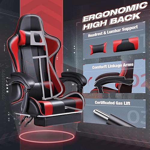 Vista 14 de Furmax Silla para videojuegos, silla de videojuegos con reposapiés y soporte lumbar de masaje, asiento giratorio de altura ajustable, silla