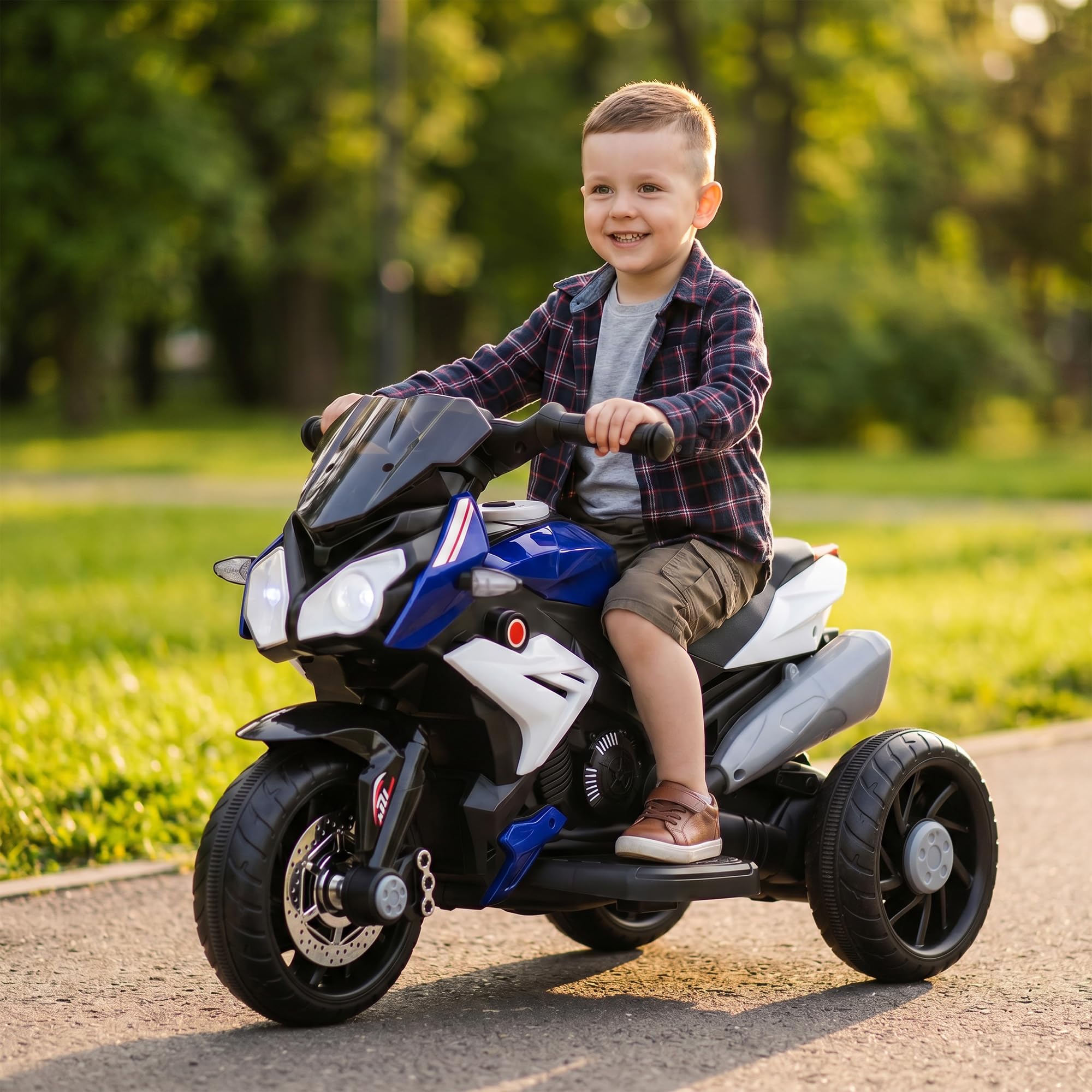 HOMCOM Elektryczny motocykl dziecięcy z muzyką 3-5 lat 3 km/h nieb+biał | Reflektor, elektryczny motocykl, motocykl dla dzieci, maks. 25 kg