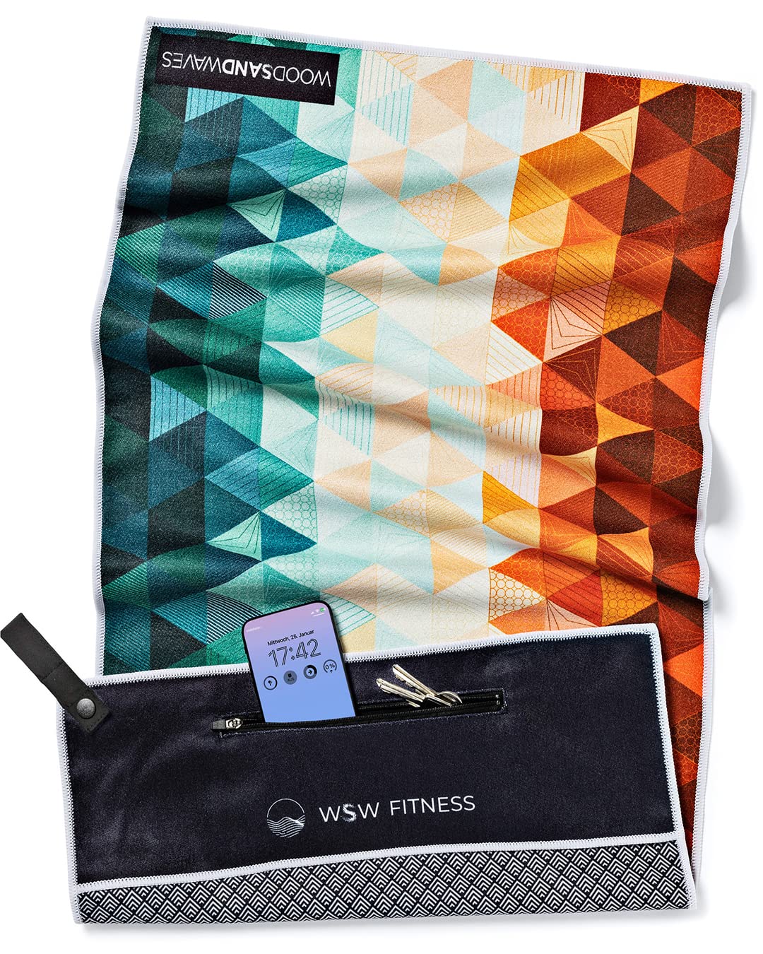WOODSANDWAVES Gym Towel 50x125 cm with Design, Bench Cover, Magnetic Clip & Zip Pocket – Sports Towel made from Recycled PET for Gym & Fitness – quick-drying, odour-free microfibre