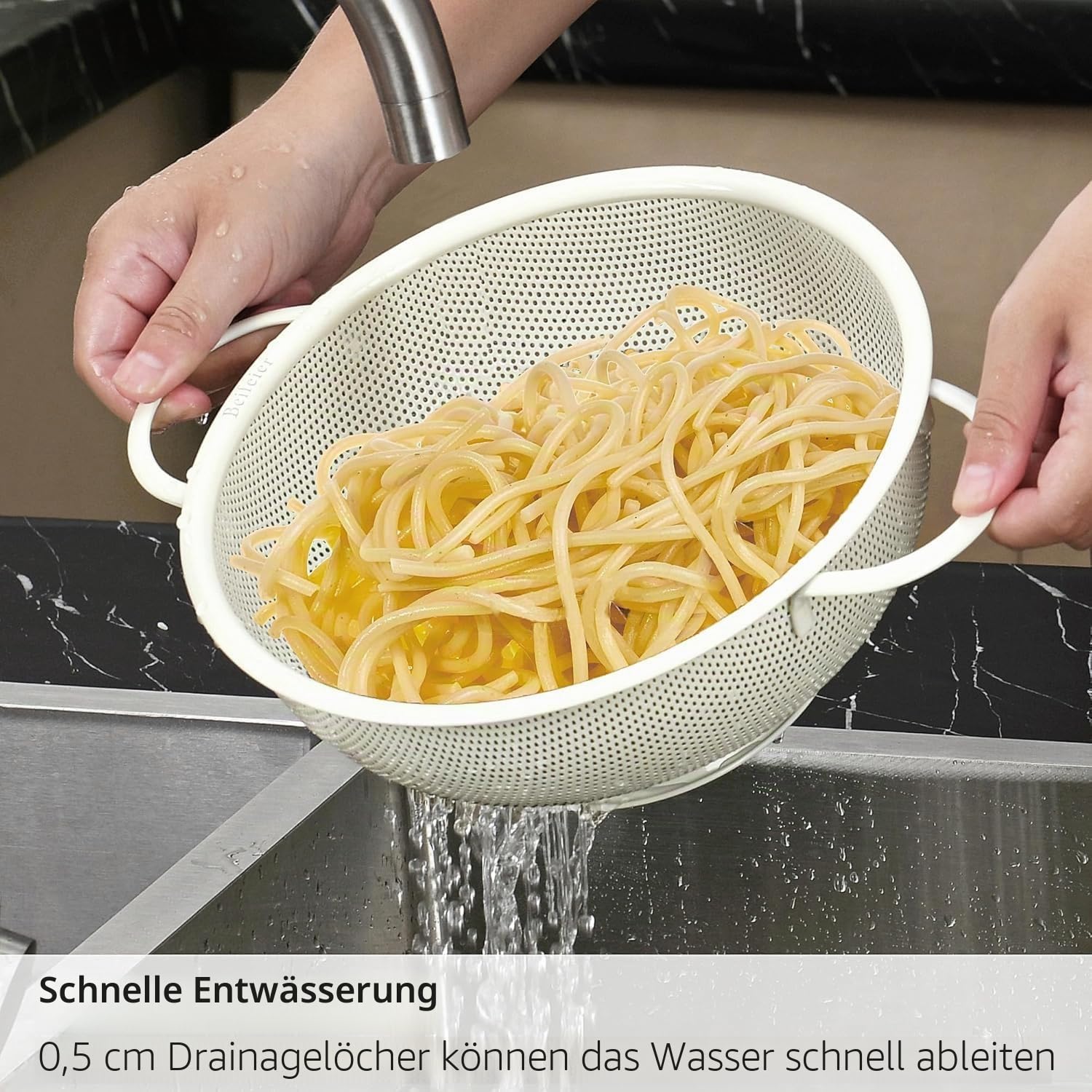 Edelstahl Sieb Set, 3-Teiliges Stapelbares Nudelsieb, 2/3/4,5 Liter Seiher, Küchensieb für Nudeln, Obst, Gemüse, Reis, BPA-Frei, Spülmaschinenfest (Creme)