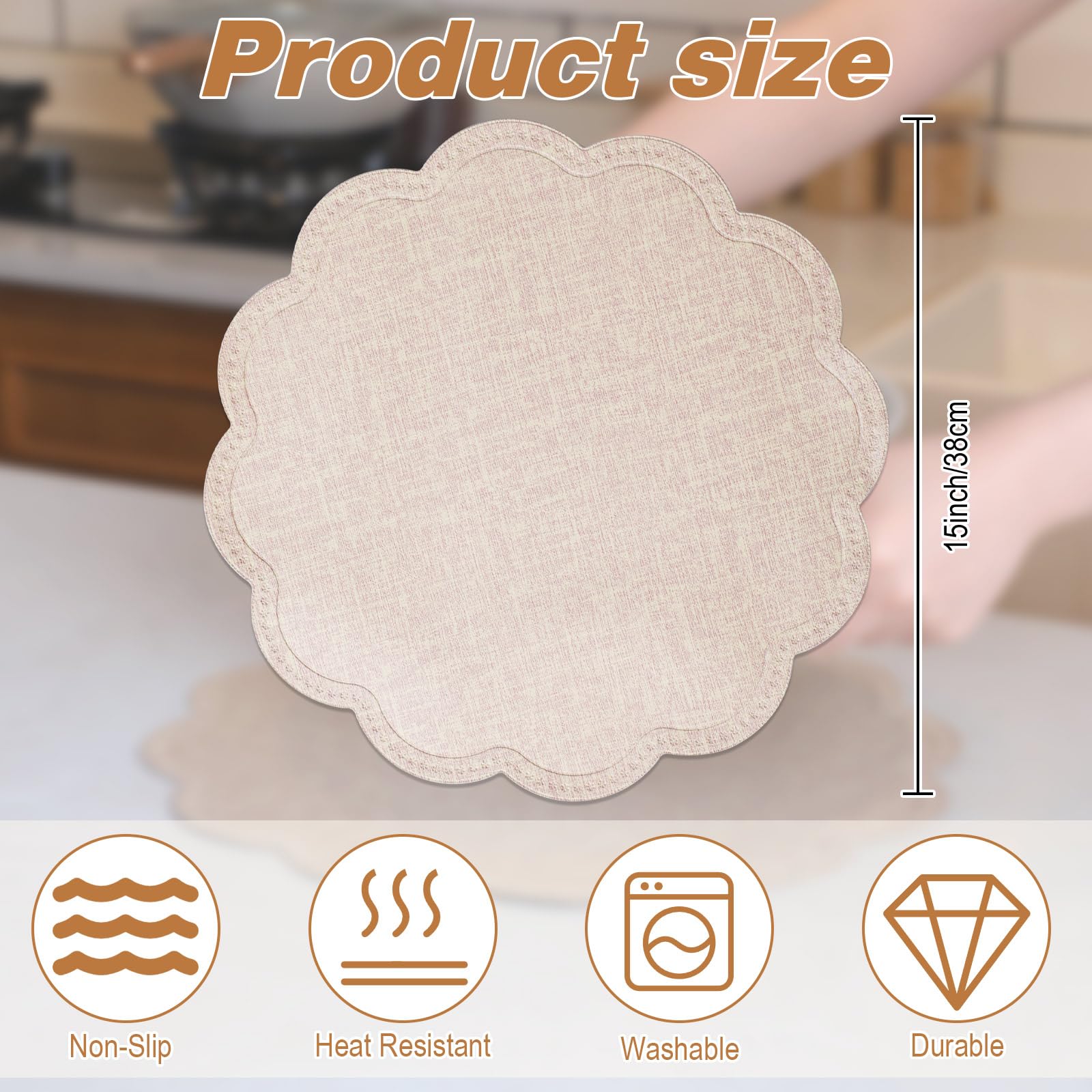 12 tovagliette rotonde a forma di fiore, impermeabili, in pelle PU, lavabili, antiscivolo, per cucina, tavolo da pranzo, decorazione (beige)