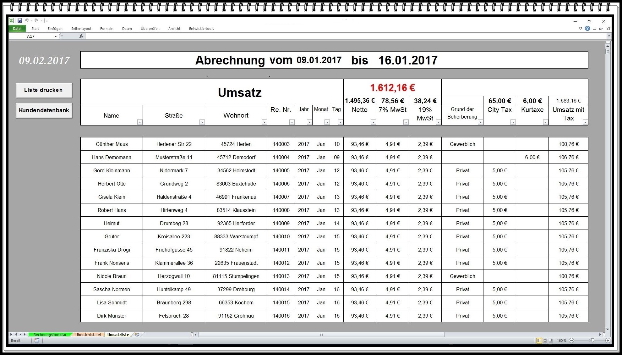 Rechnungsprogramm Rechnungssoftware mit City Tax und Kurtaxe für Hotel Pension Ferienwohnung