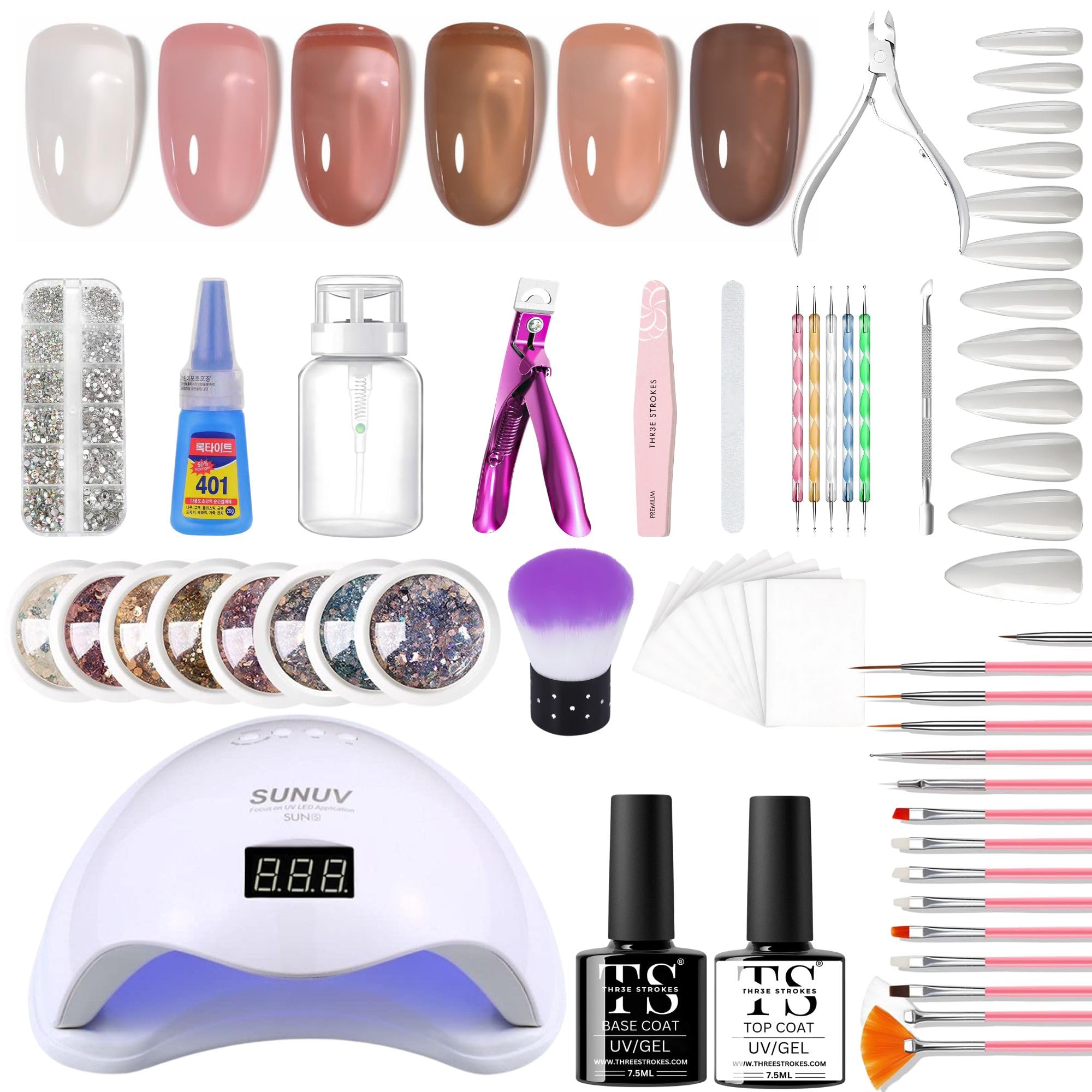 THR3E STROKES Moonstone Nail Extension Kit - 6 Gel Polishes (7.5ml) | 48V UV Nail Lamp | 500 Stiletto Nail Tips & Rhinestones | Professional Nail Art Tools | Base & Top Coat | DIY & Salon Use (MOONSTONE KIT) (NEXUS)-image-36
