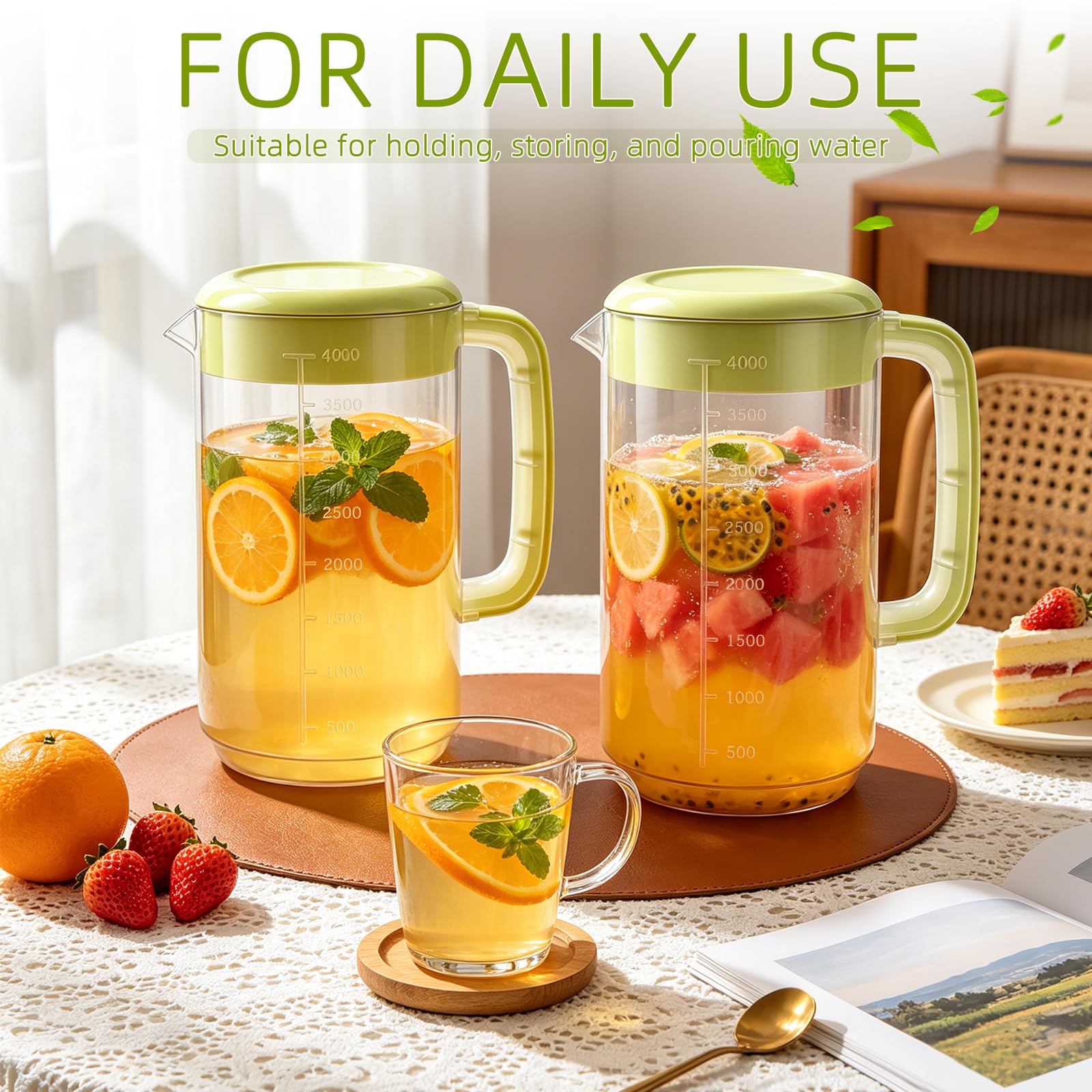 Nexboraque Paquete de 2 jarras coladoras de plástico de 1 galón con tapa, jarra de agua grande con asa y medidas para bebidas frías, jarra de té helado para limonada, leche, jugo, bebidas, verde