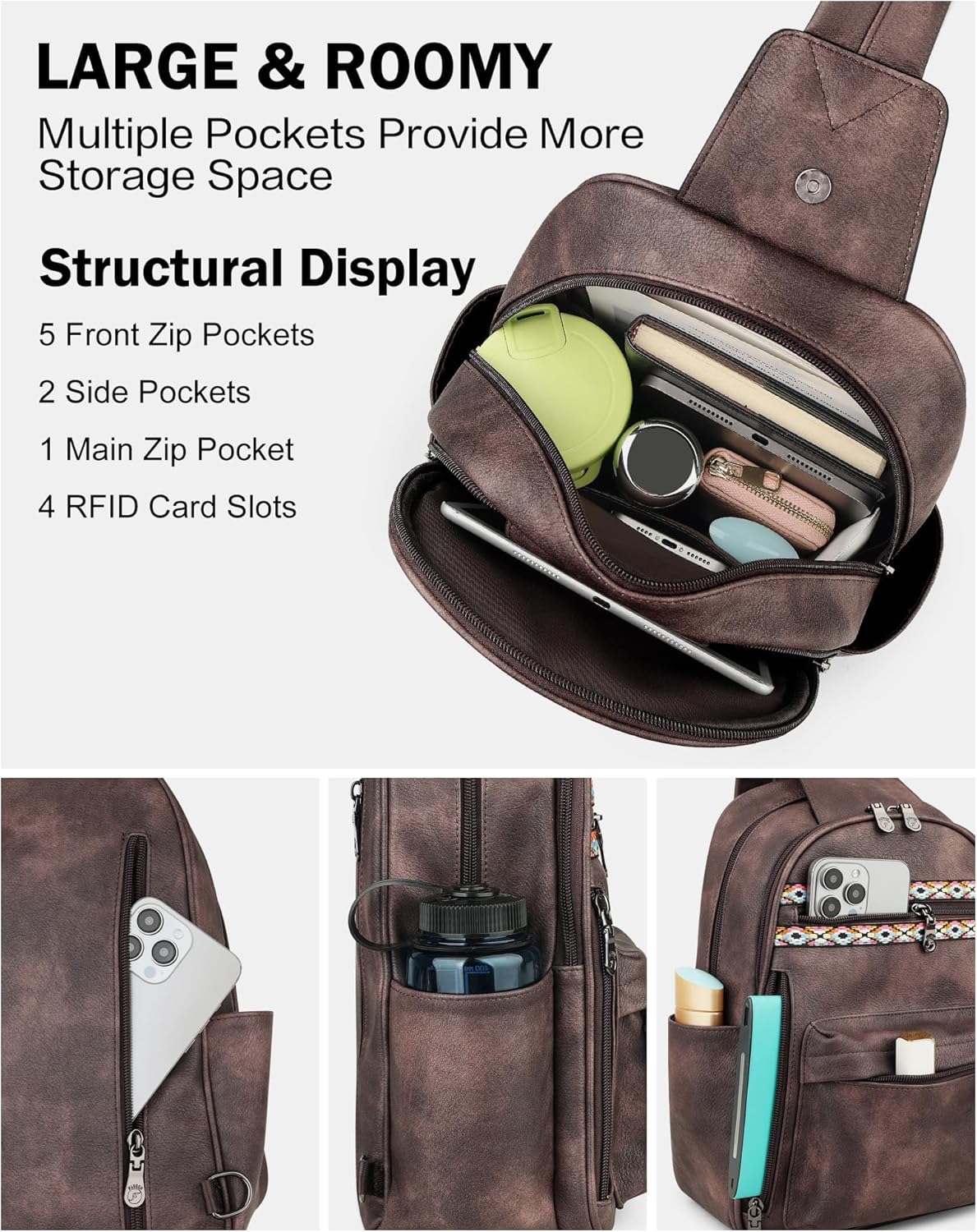 FADEON Large Sling Bag for Women, Leather Crossbody Purse Designer Anti Theft Sling Backpack, RFID Fanny Packs for Travel - Image 5