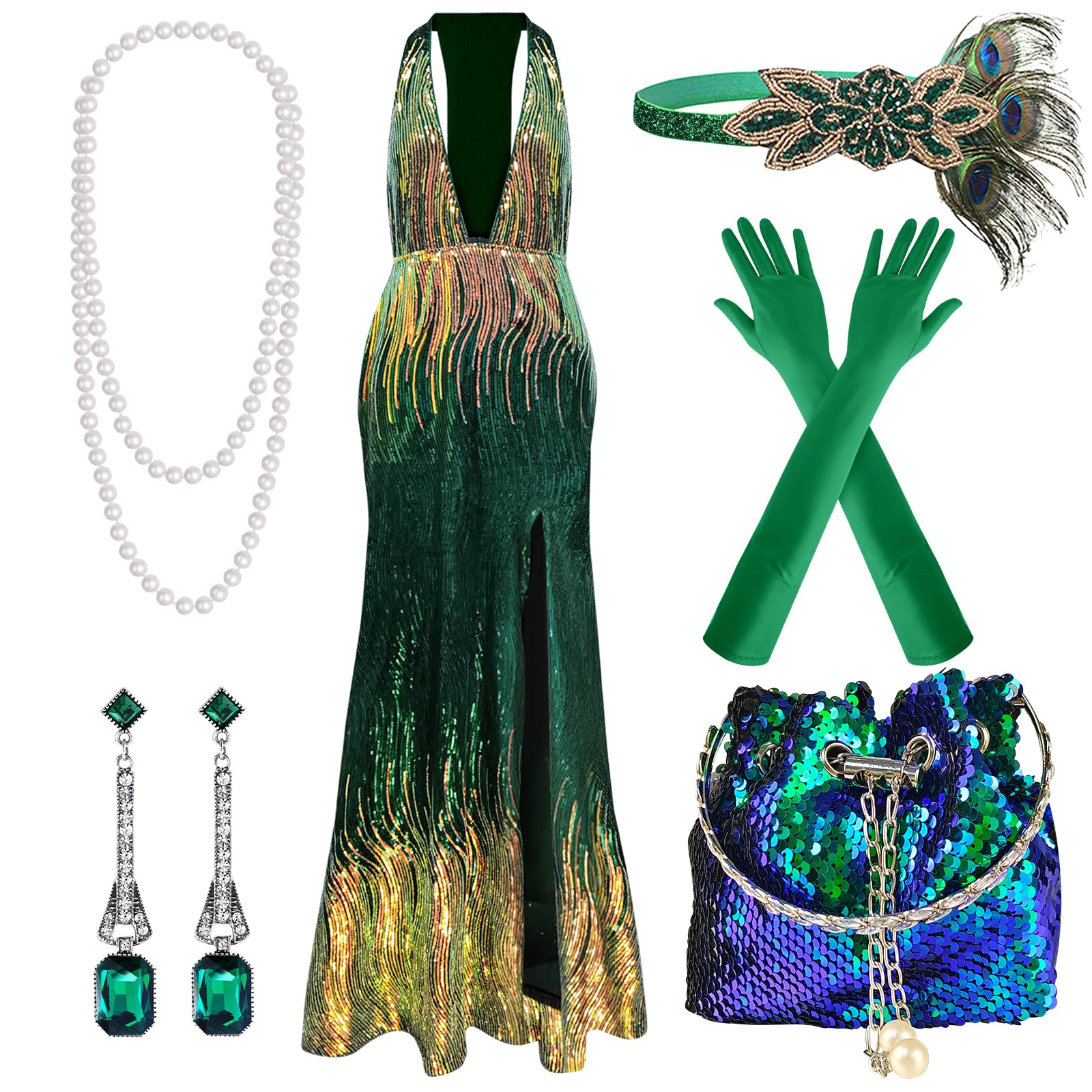 PLULON Damen 1920er-Jahre-Pailletten-Flapper-Kleider, sexy V-Ausschnitt, Gatsby-Cocktailkleid mit 20er-Jahre-Accessoires-Set (grün)