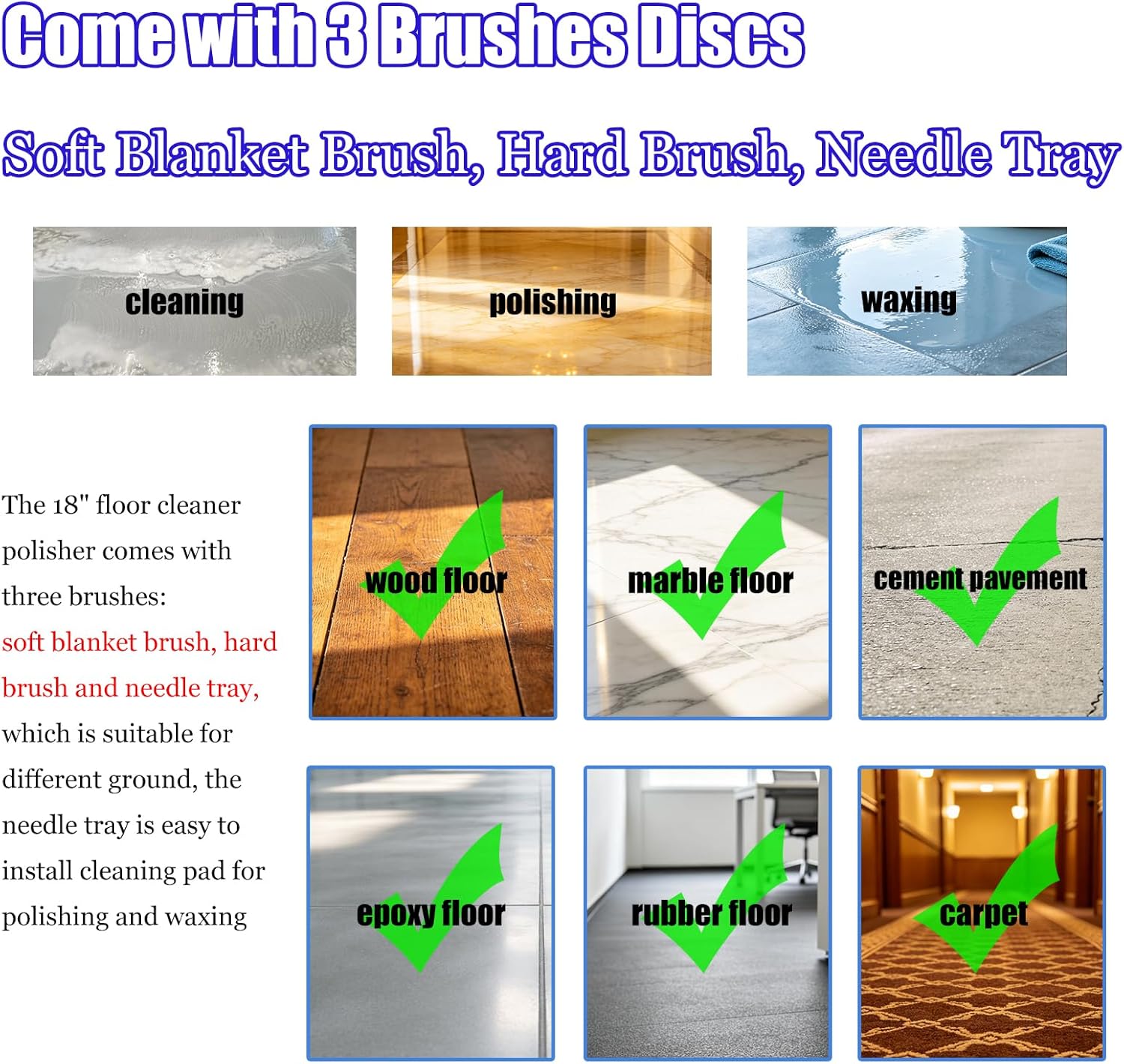 18" Floor Cleaner Polisher Commercial Floor Scrubber Buffer Commercial Floor Polishing Cleaning Machine Industrial Ground Scrubber Buffer with Three Brush Discs, 18"(45.72cm) Diameter, 110V
