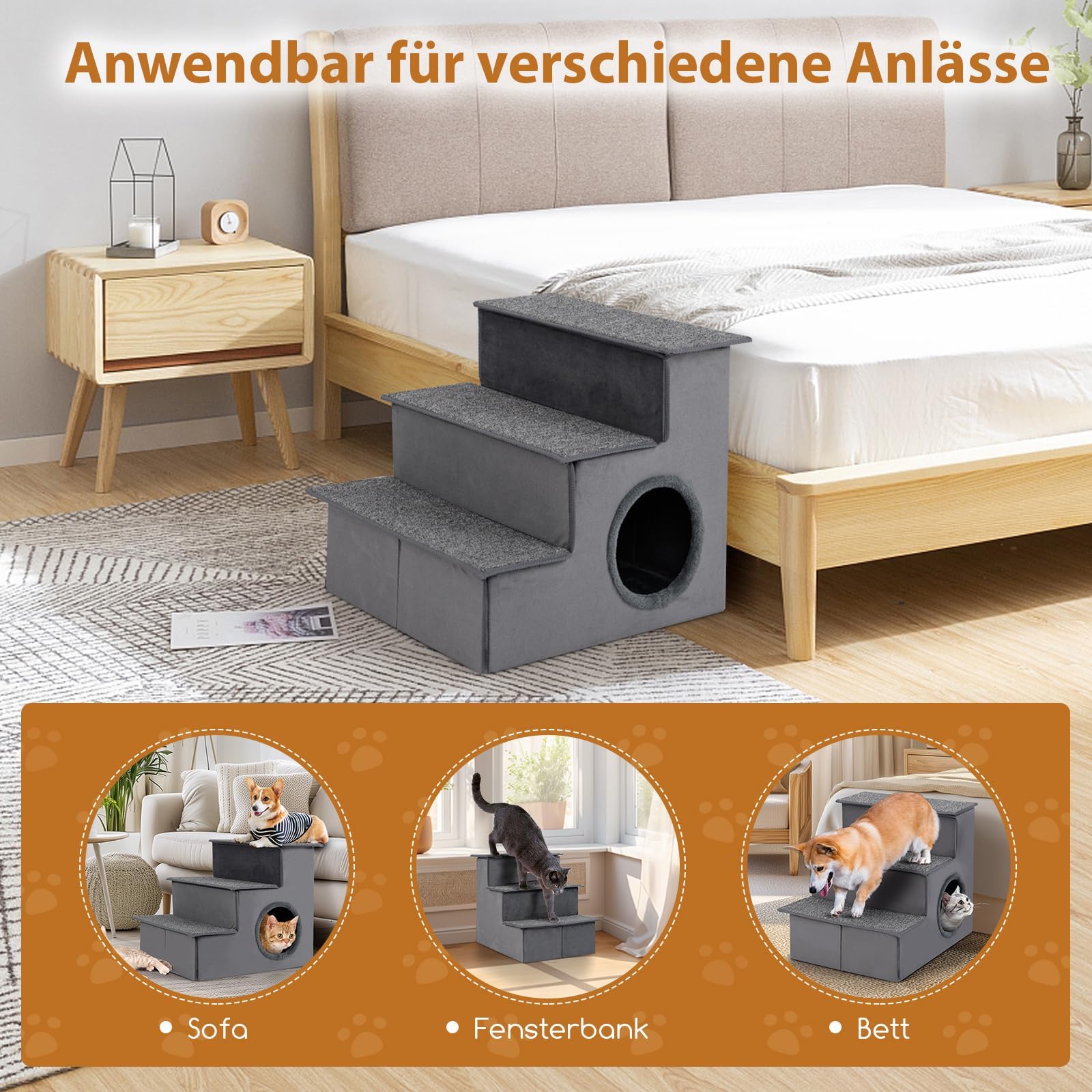 COSTWAY Hondentrap, 3 treden, opvouwbaar, huisdiertrap met opbergruimte en hol, voor kleine grote oudere honden tot 54 kg, antislip hondenhelling voor bed, bank, auto, kattentrap, 54 x 42 x 44 cm