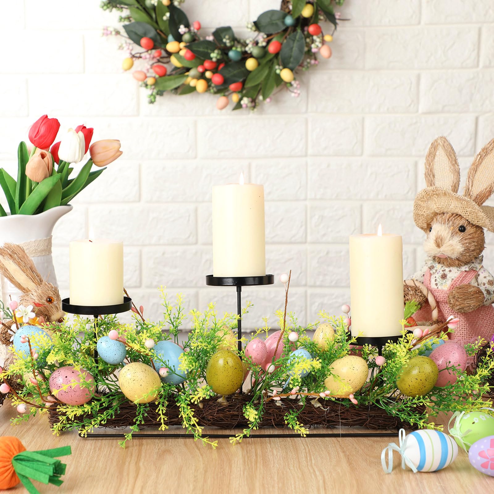 Zonon 54,9 cm große Osterkerzendekoration mit Eiern und Zweigen, 3 Oster-Stumpenkerzenhalter, Tischdekoration für Ostern, Zuhause, Tischdekoration, Party-Dekoration