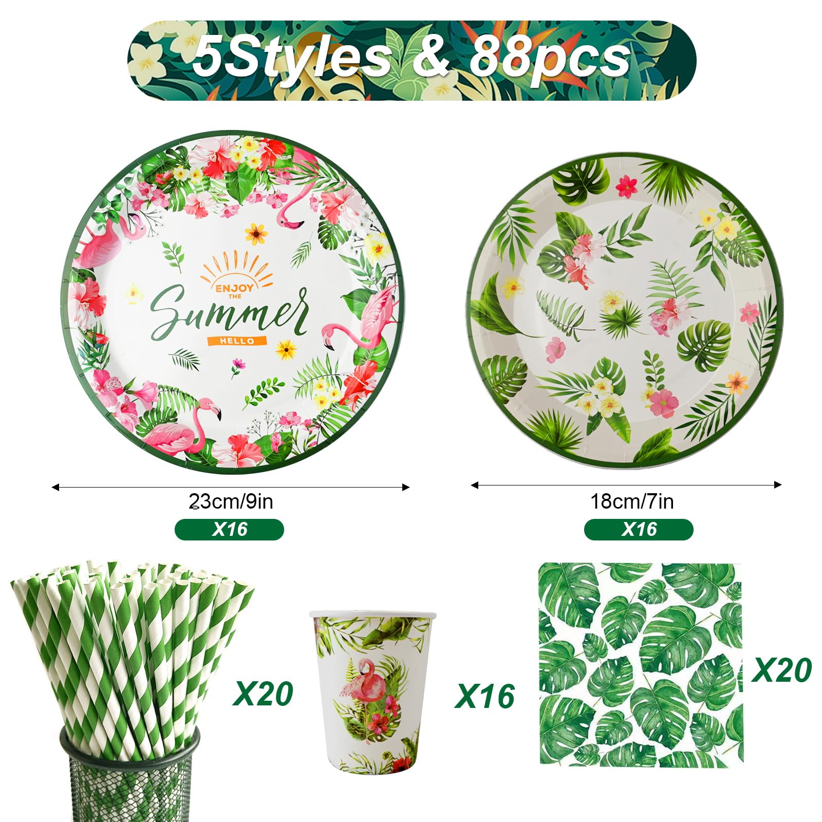 Amycute 125 Pezzi Stoviglie di Hawaiano Set per Feste Tropicali, Forniture per Hawaiano Festa Compleanno Include Piatti, Bicchieri, Tovaglioli e Cannucce, Serve 25 Ospiti