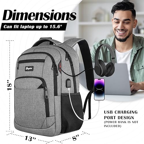Miniatura 3 de Mochila de viaje para hombres y mujeres, mochilas para laptop de 15.6 pulgadas con puerto de carga UBS 1, B1-gris, Gris
