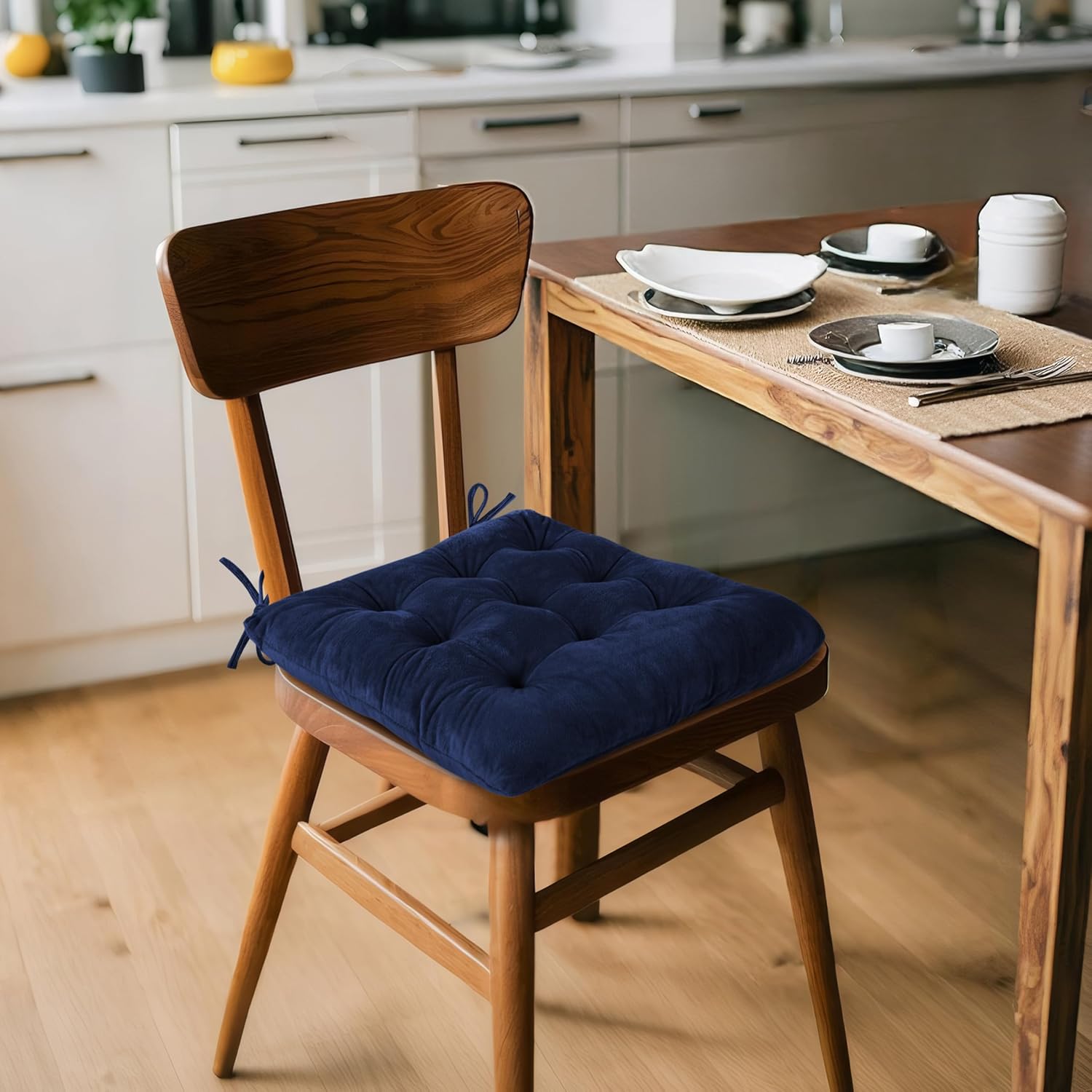ELFJOY Set of 4 Square Chair Pads Indoor Seat Cushions Pillows with Ties Thick Soft Seat Cushion for Kitchen Dining Office Chair (18.8", Navy)