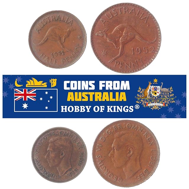 Juego de 2 Monedas de Australia: 1/2, 1 penique. 1939-1952 Rey Jorge Vi
