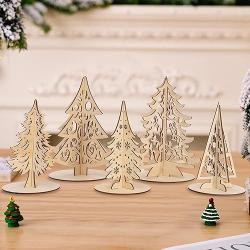 Miniatura 5 de Juego de manualidades de Navidad, árbol de Navidad 3D de madera, rebanadas de madera sin terminar para pintar, adornos de árboles de Navidad,