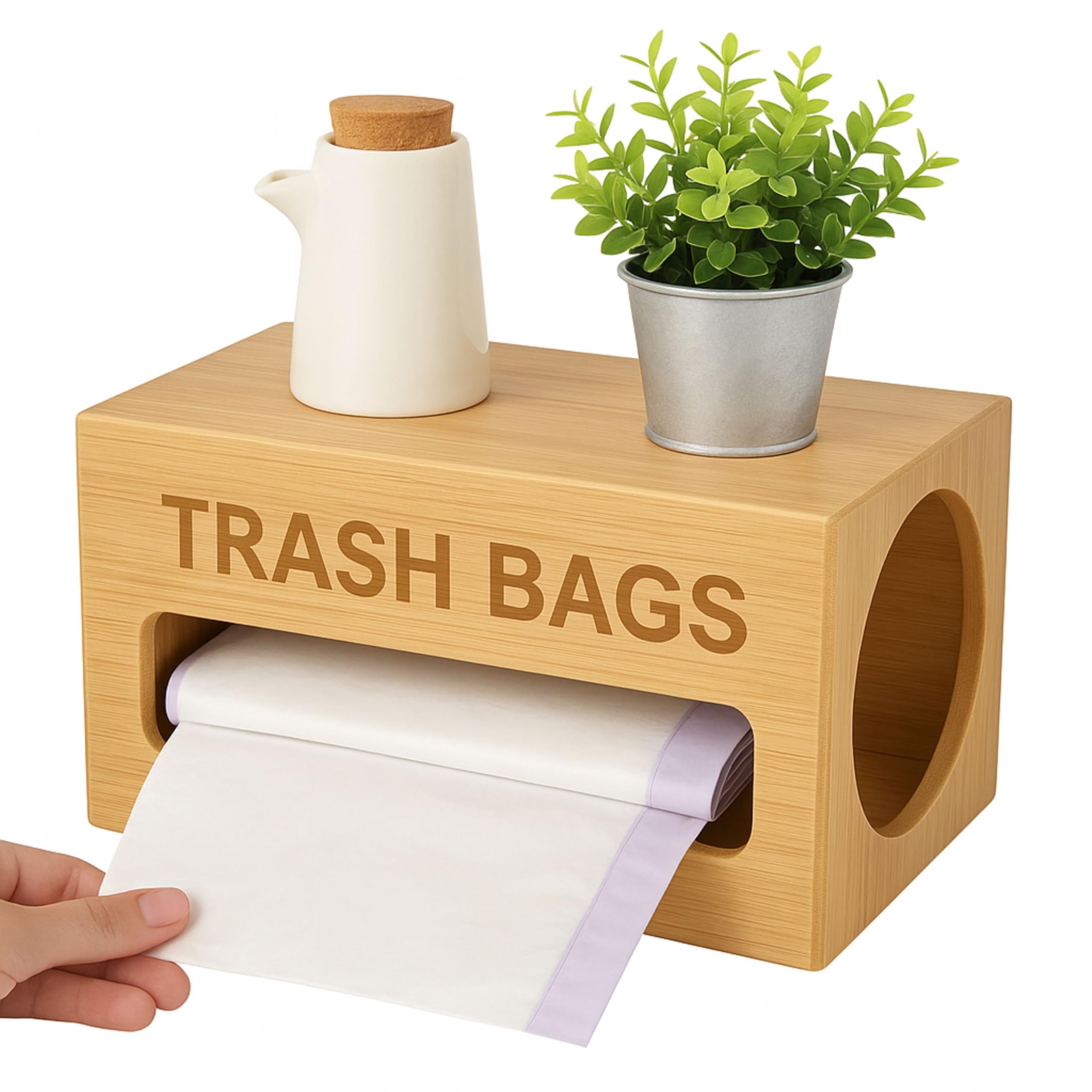 Divchi Natural (1 Tier) Bamboo Trash Bag Holder Dispenser Garbage Bag Roll Storage Container For Kitchen Cabinet Countertop & Under-Sink | Waste Bag Organiser | Carrier Bag Organizer (Natural, 1 Tier)
