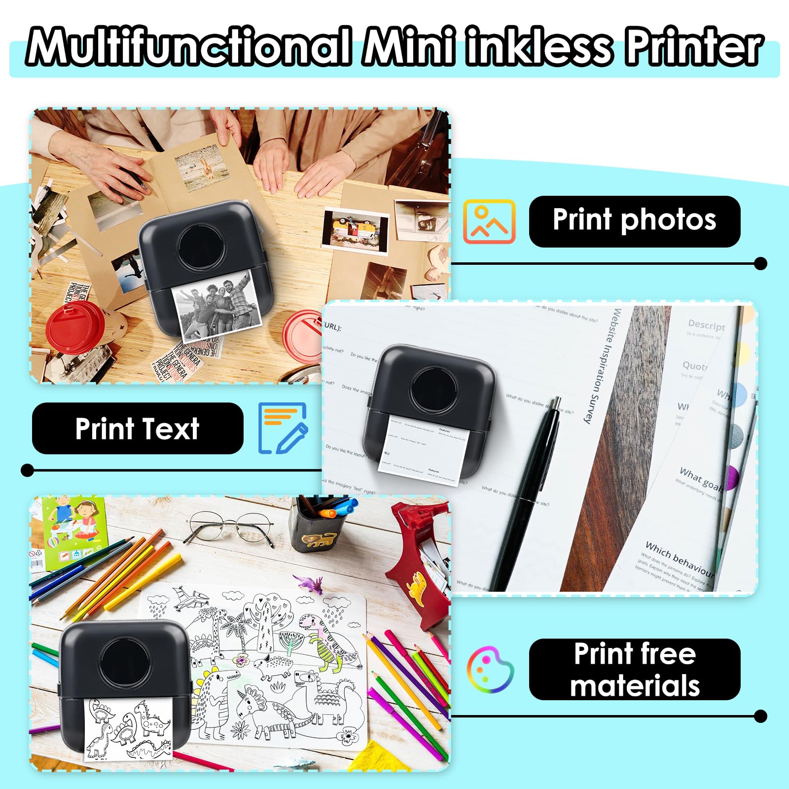 GuKKK Portable, Mini Imprimante Thermique Instantané Sans Fil BT Mobile