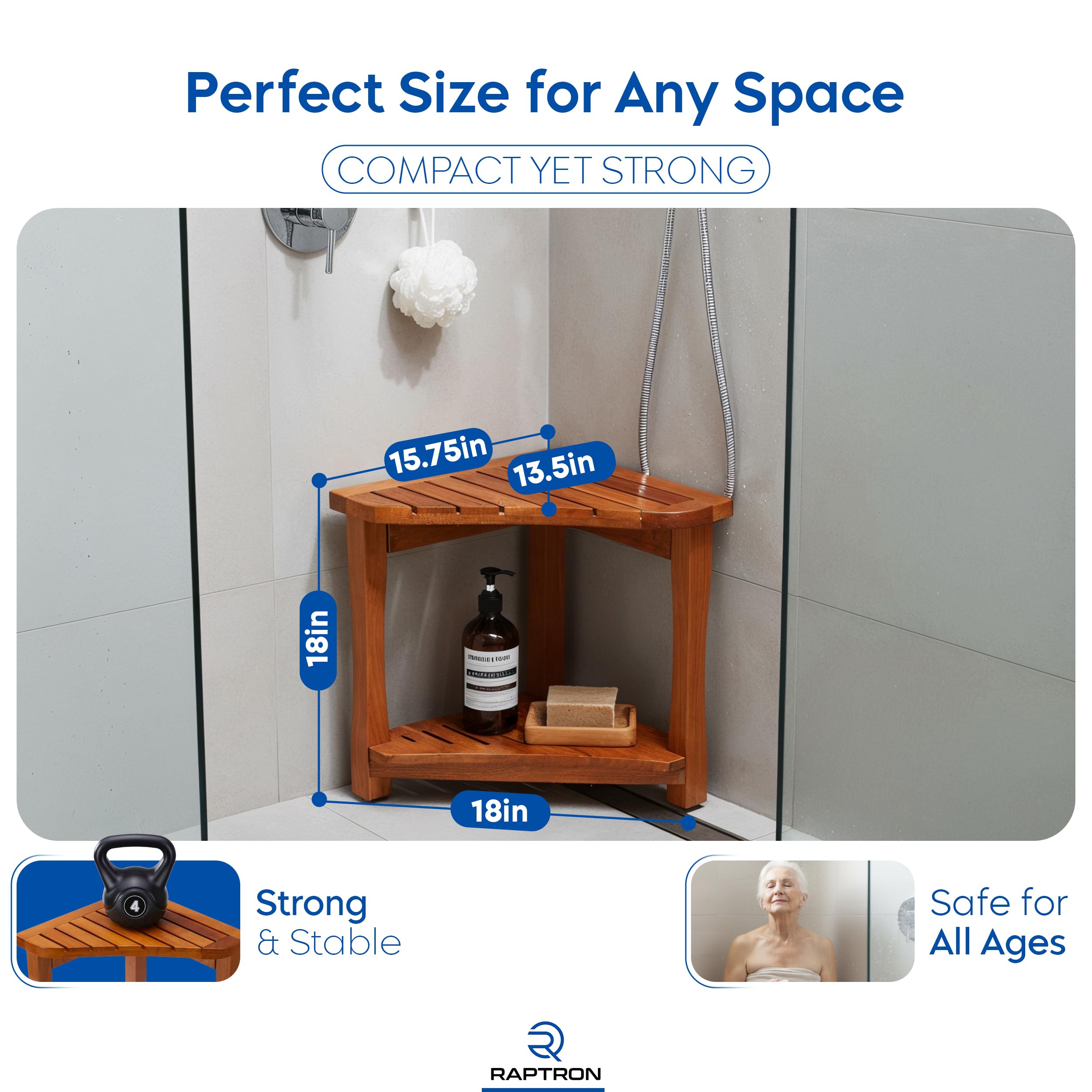 Banco de ducha de teca para ducha interior, taburete de ducha de madera maciza de teca 100% grado A, asiento de baño de madera impermeable con estante de almacenamiento, silla de spa antideslizante