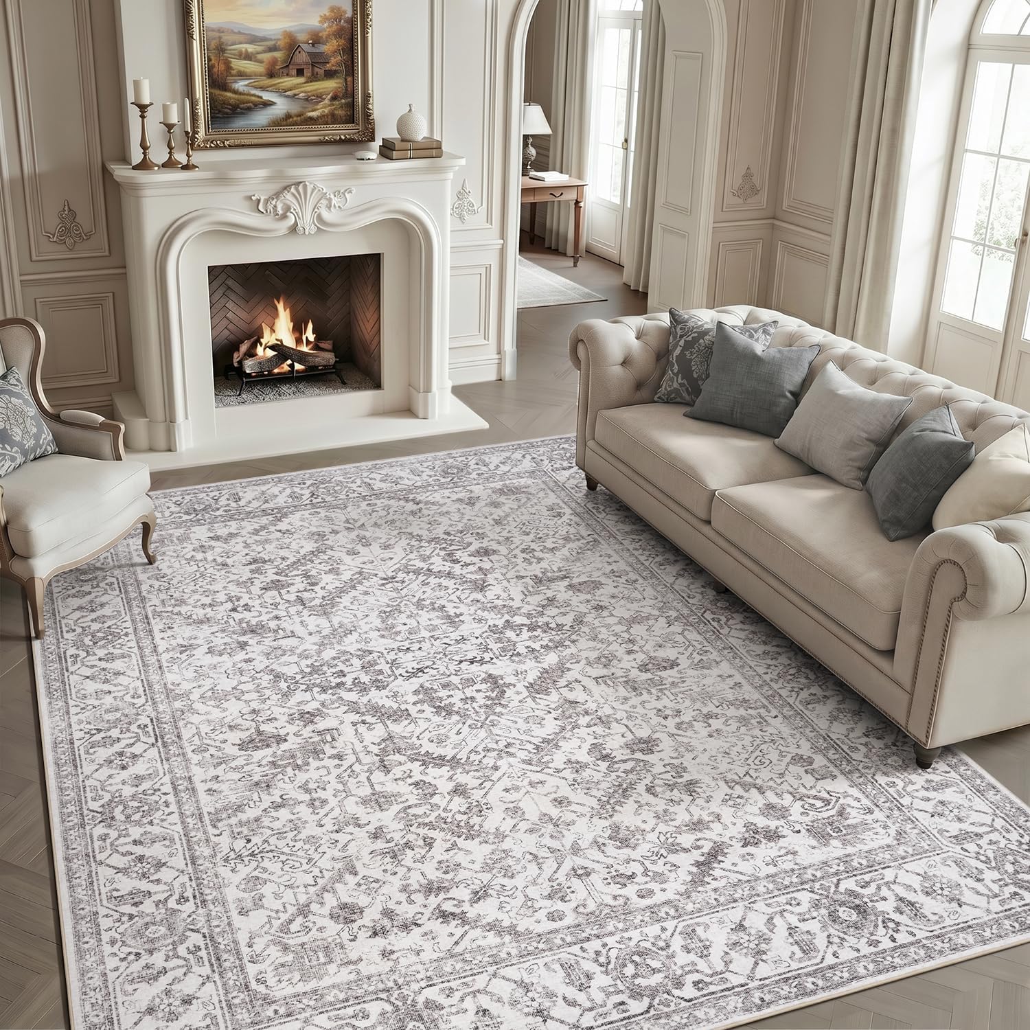 8x10 Area Rug for Living Room Large Carpet-Machine Washable Vintage Traditional Rugs for Bedroom Dining Room Office Rug Non Slip Retro Grey