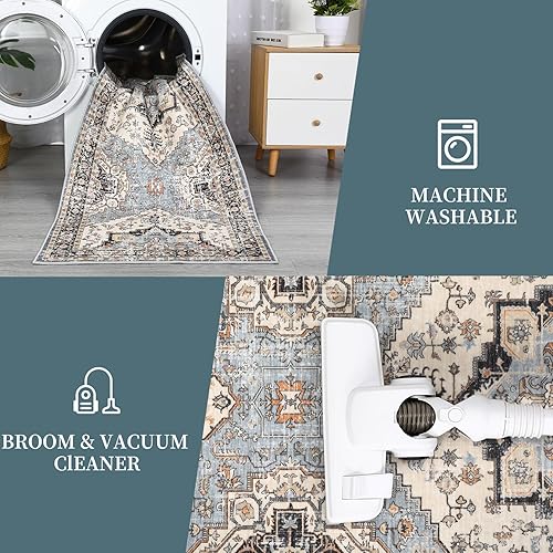 Miniatura 4 de Zacoo Alfombra lavable para pasillos, 2 x 6 pies, estilo bohemio, antideslizante, largo, vintage, con medallón oriental, para sala de estar,